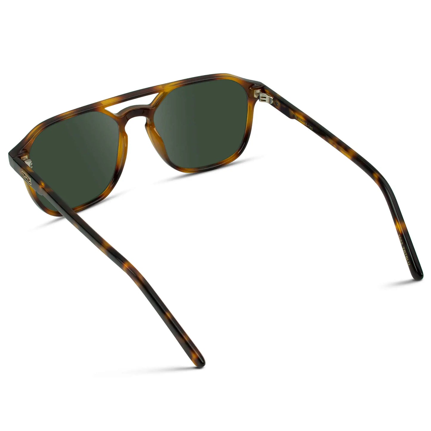 Whiskey Brown Tortoise / G15 || Back view of Double Bridge Geometric Square Prescription Sunglasses with Brown Tortoise Acetate Frame and Green Lenses on a white background