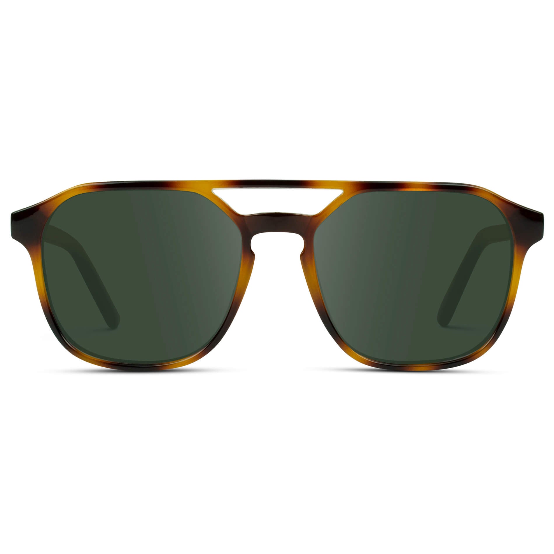 Whiskey Brown Tortoise / G15 || Double Bridge Geometric Square Prescription Sunglasses with Brown Tortoise Acetate Frame and Green Lenses