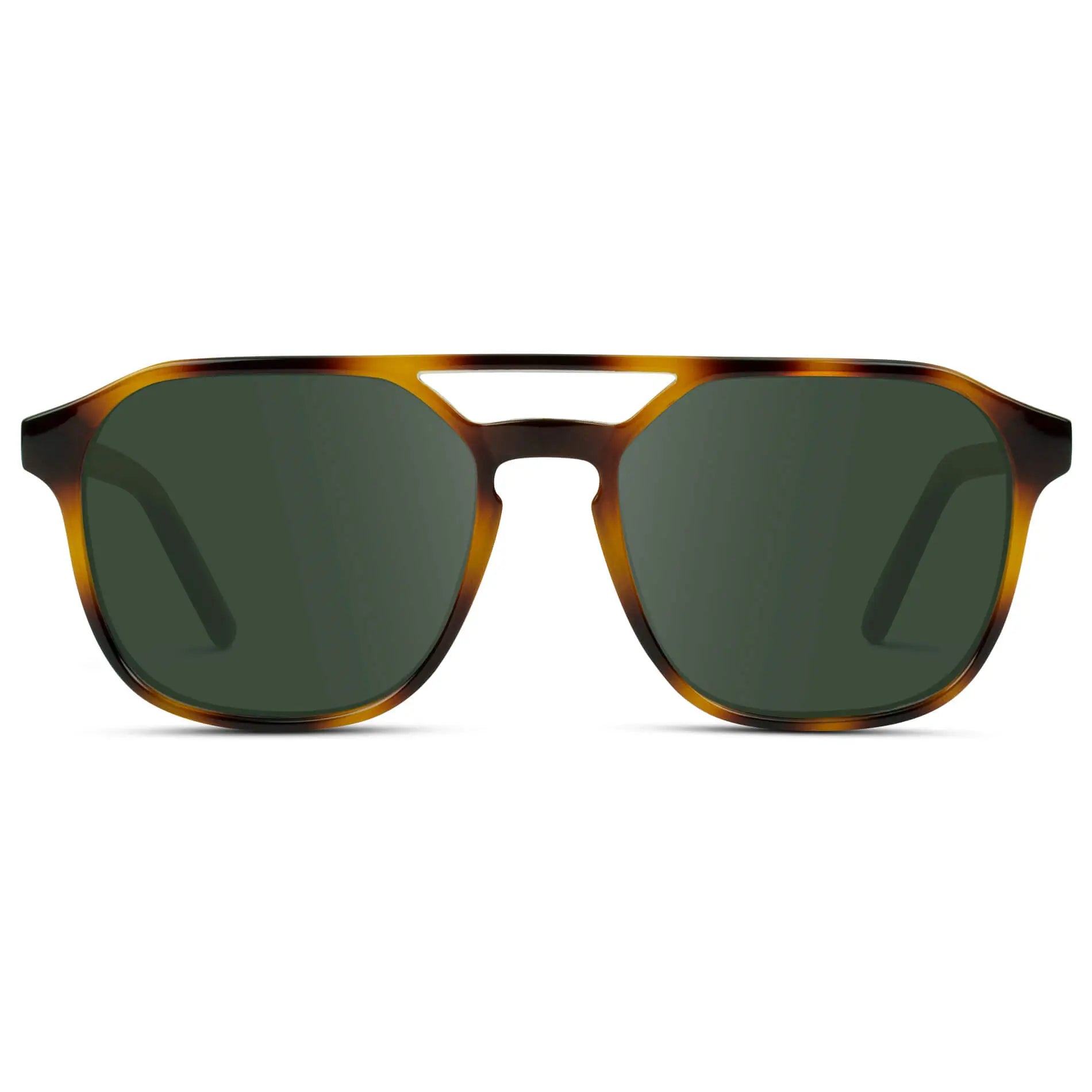 Whiskey Brown Tortoise / G15 || Double Bridge Geometric Square Prescription Sunglasses with Brown Tortoise Acetate Frame and Green Lenses on a white background