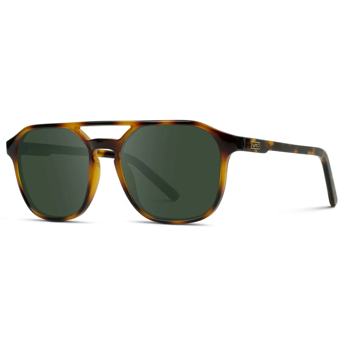 Whiskey Brown Tortoise / G15 || Side view of Double Bridge Geometric Square Prescription Sunglasses with Brown Tortoise Acetate Frame and Green Lenses on a white background