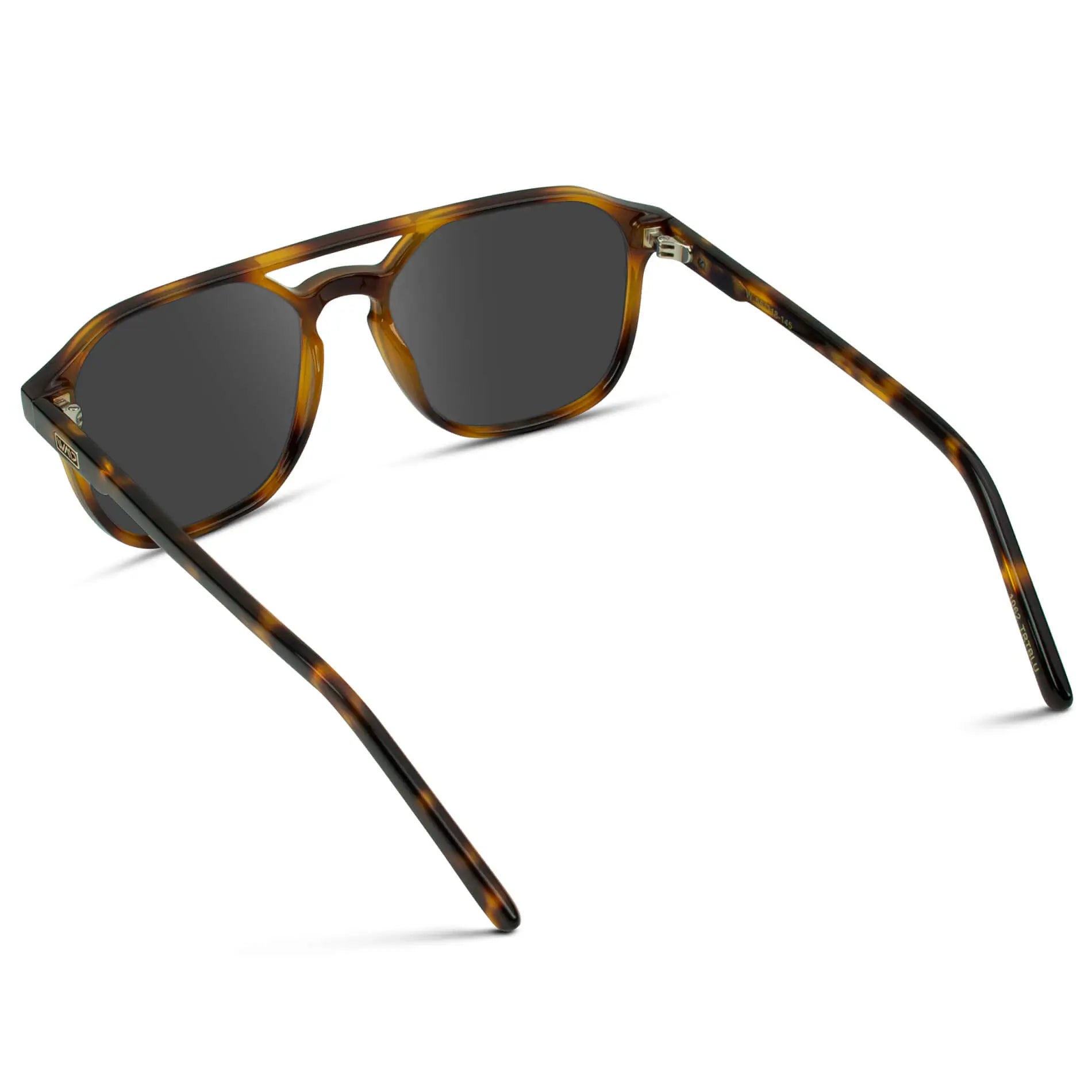 Whiskey Brown Tortoise / Grey || Back view of Double Bridge Geometric Square Prescription Sunglasses with Brown Tortoise Acetate Frame and Grey Lenses on a white background