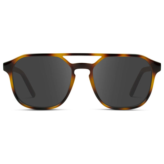 Whiskey Brown Tortoise / Grey || Double Bridge Geometric Square Prescription Sunglasses with Brown Tortoise Acetate Frame and Grey Lenses