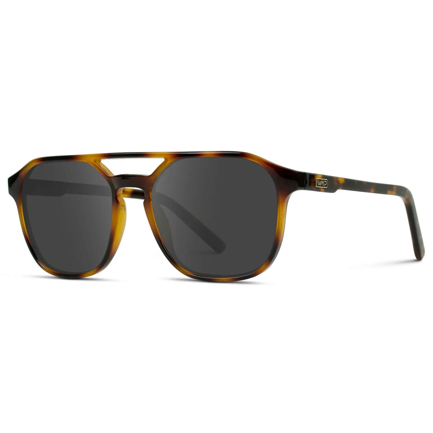 Whiskey Brown Tortoise / Grey || Side view of Double Bridge Geometric Square Prescription Sunglasses with Brown Tortoise Acetate Frame and Grey Lenses on a white background