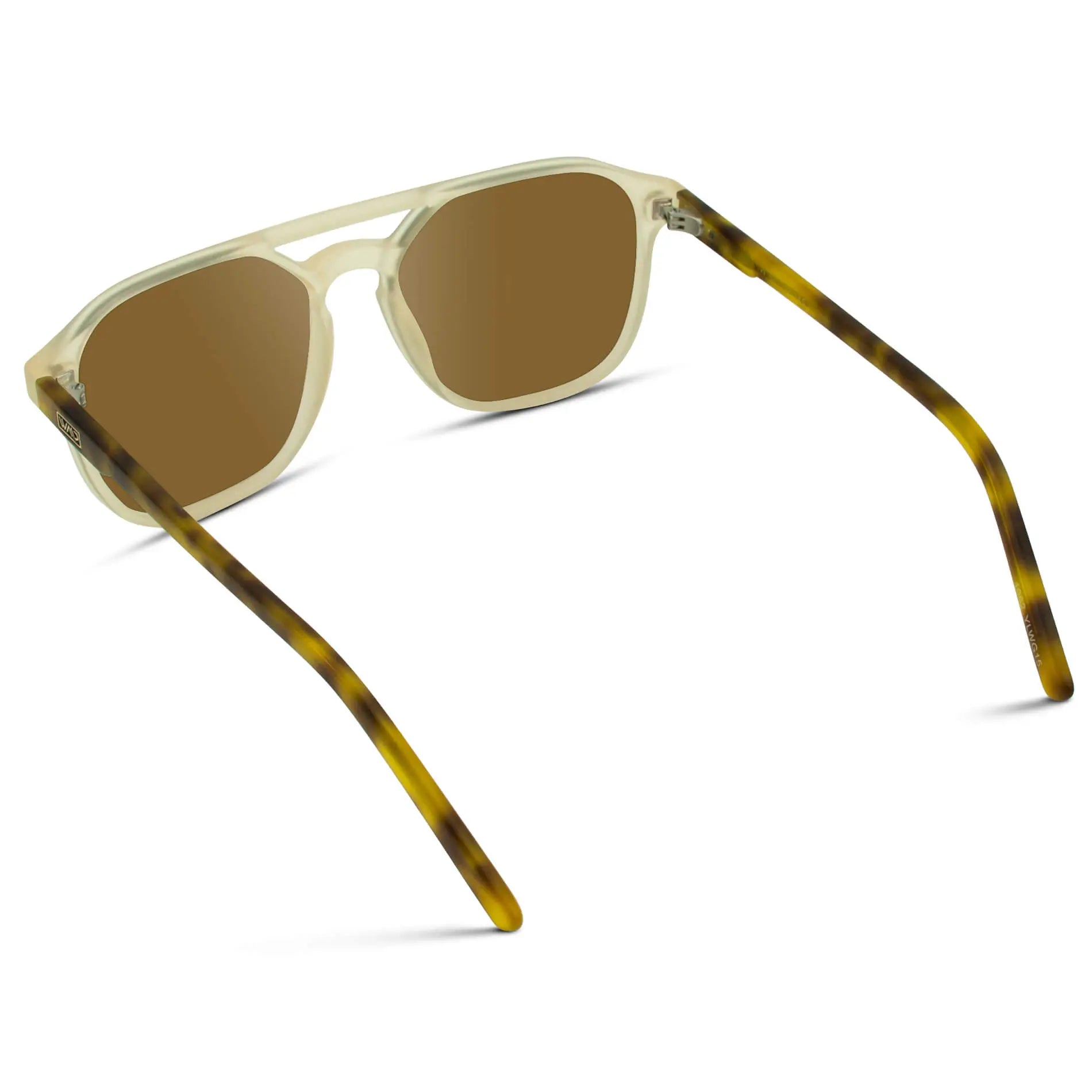 Tortoise Champagne / Amber || Back view of Double Bridge Geometric Square Prescription Sunglasses with Tortoise Champagne Yellow Acetate Frame and Amber Lenses on a white background