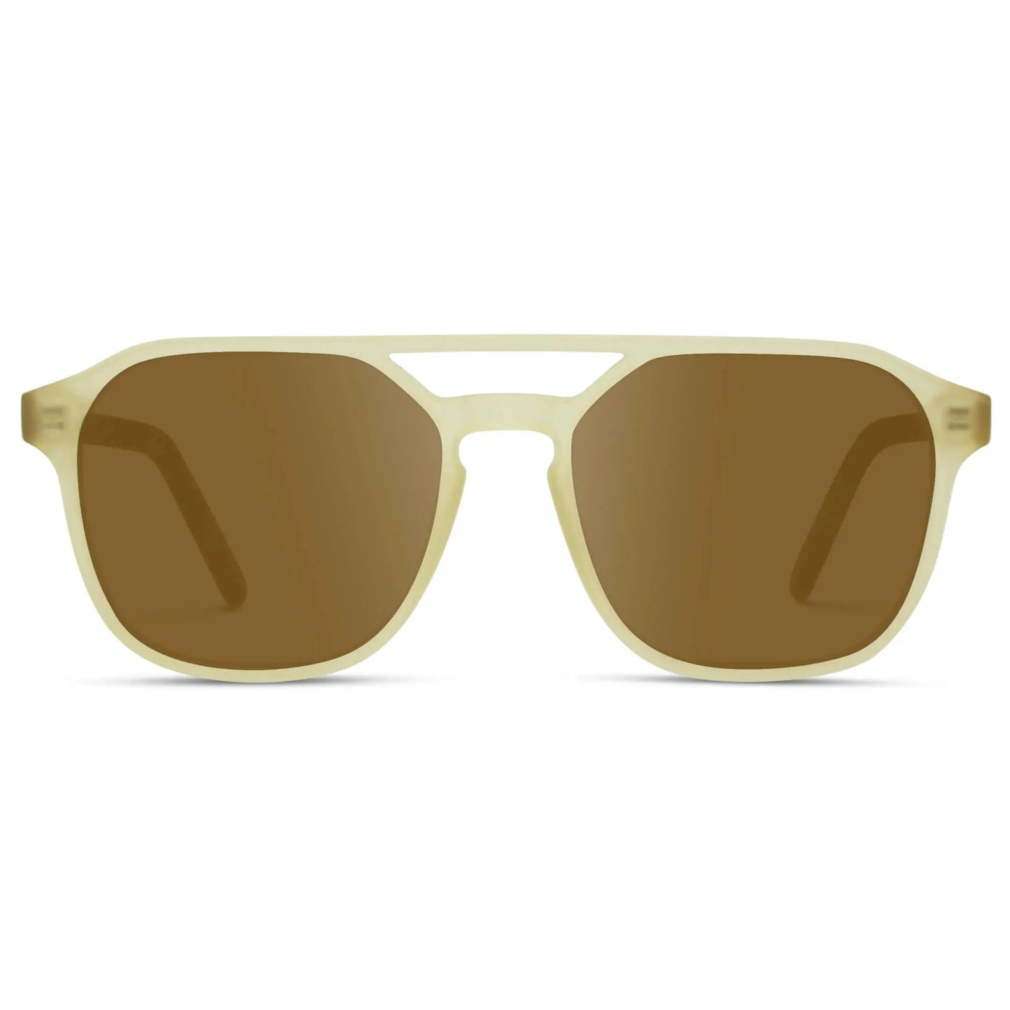 Tortoise Champagne / Amber || Double Bridge Geometric Square Prescription Sunglasses with Tortoise Champagne Yellow Acetate Frame and Amber Lenses on a white background