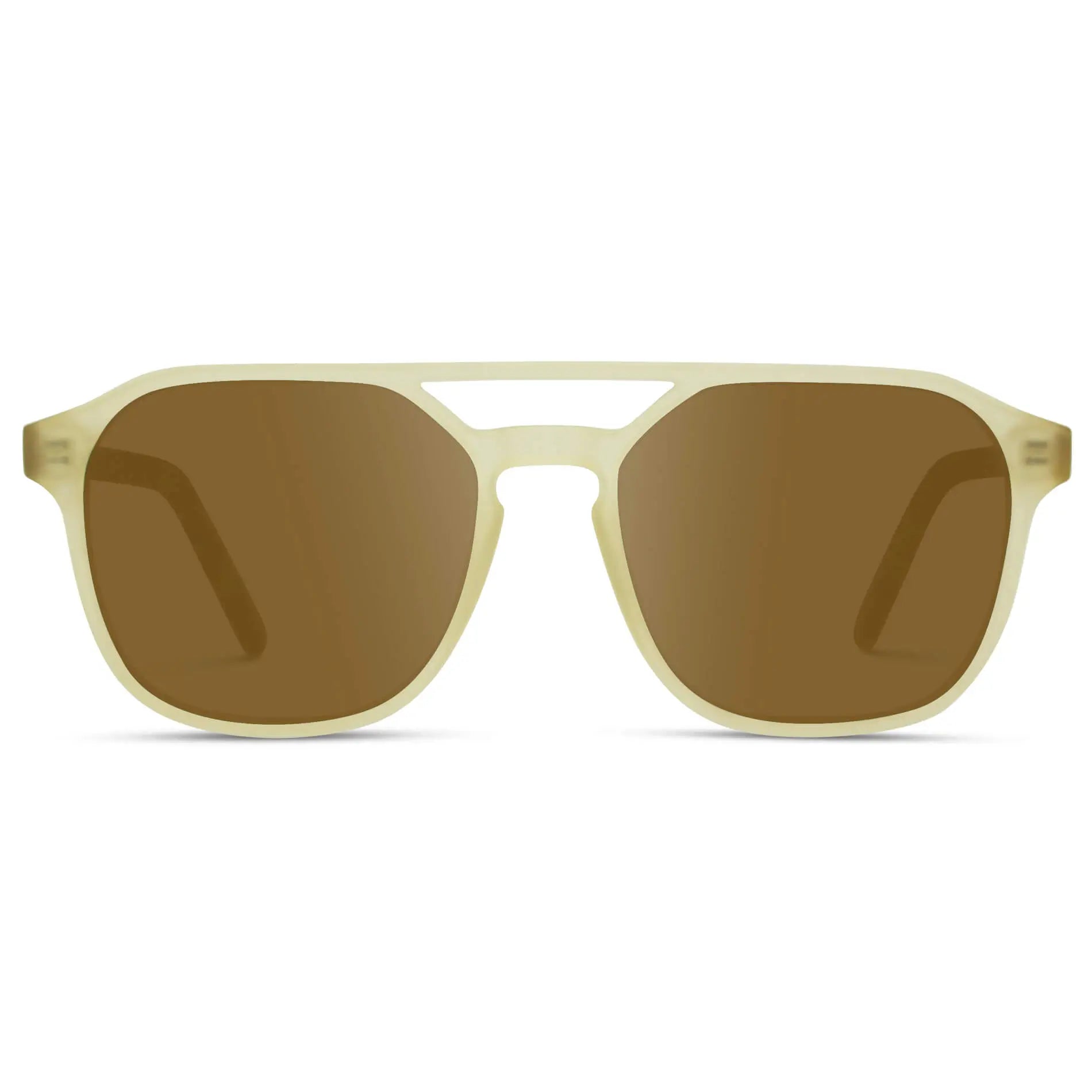 Tortoise Champagne / Amber || Double Bridge Geometric Square Prescription Sunglasses with Tortoise Champagne Yellow Acetate Frame and Amber Lenses on a white background