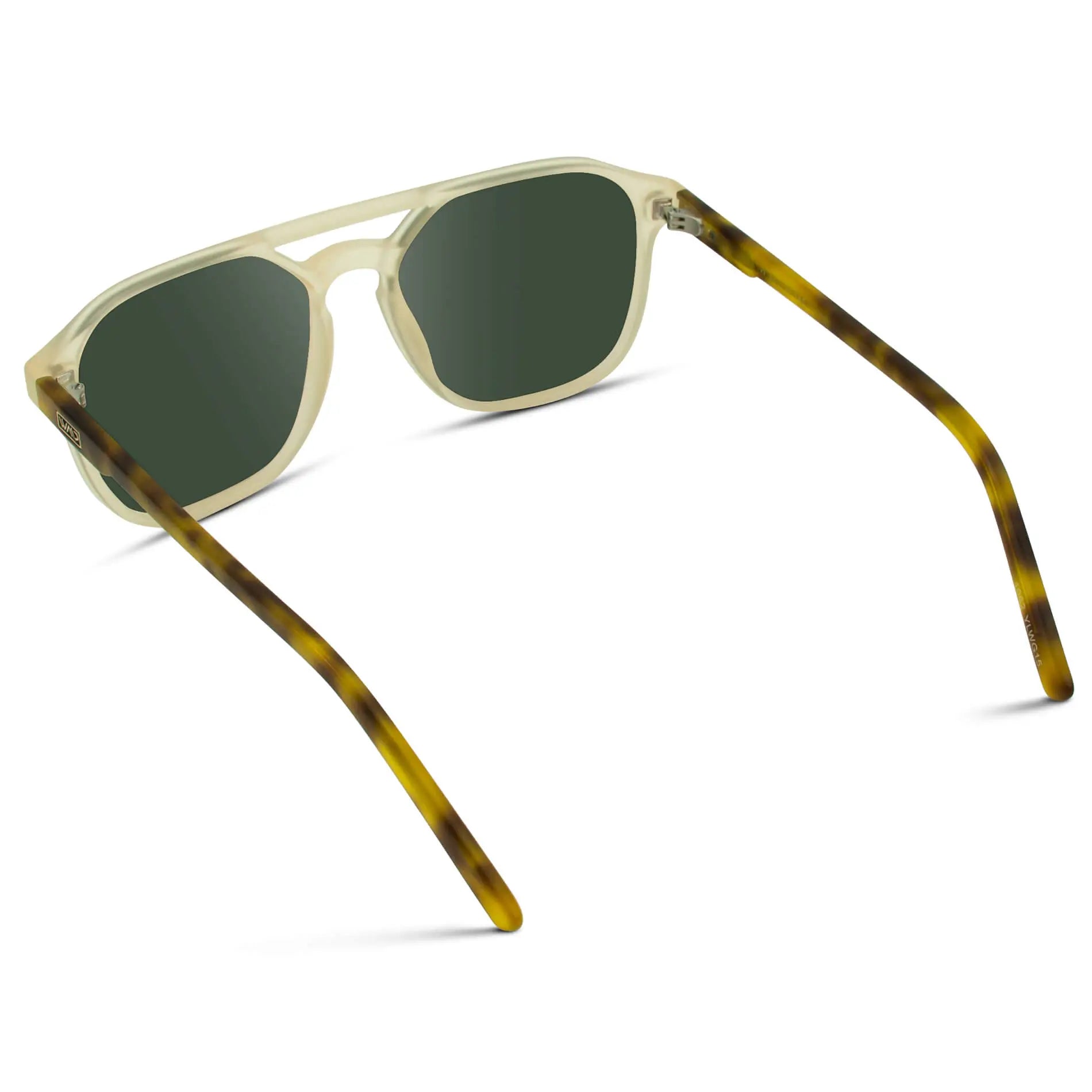 Tortoise Champagne / G15 || Back view of Double Bridge Geometric Square Prescription Sunglasses with Tortoise Champagne Yellow Acetate Frame and Green Lenses on a white background
