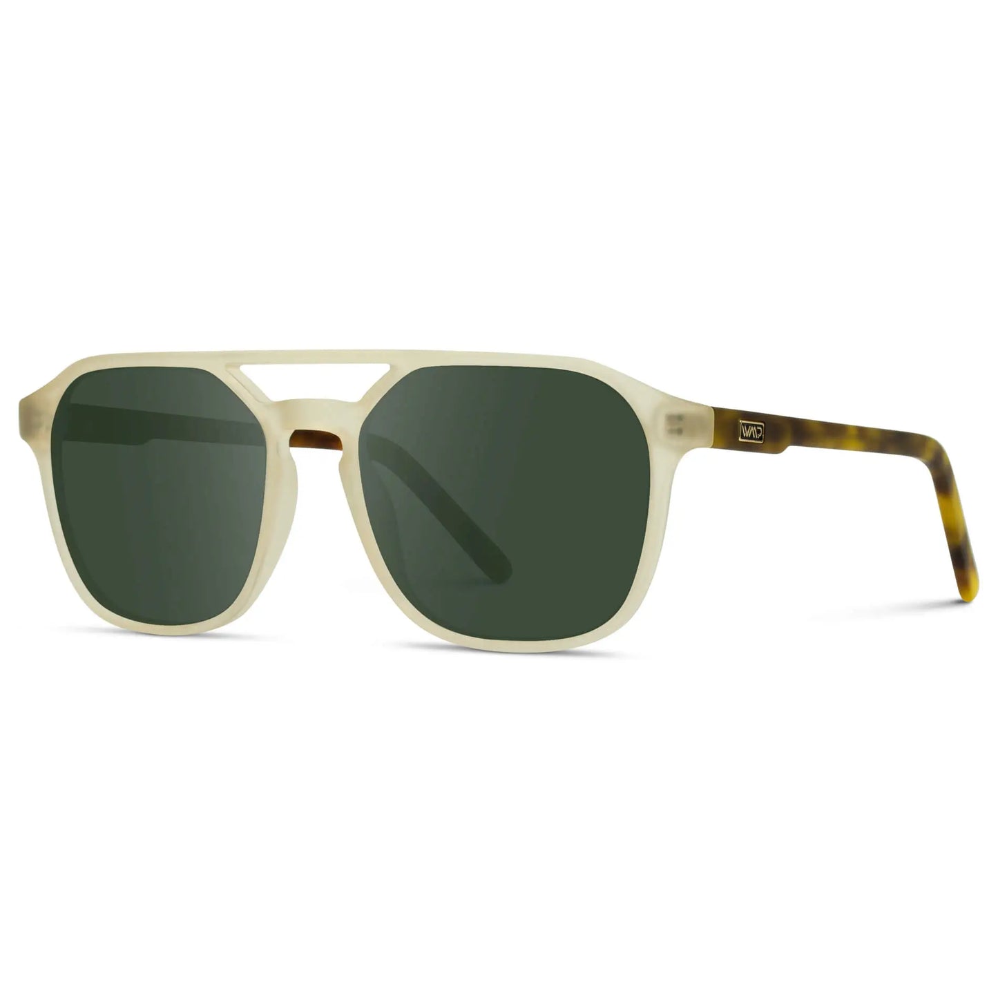 Tortoise Champagne / G15 || Side view of Double Bridge Geometric Square Prescription Sunglasses with Tortoise Champagne Yellow Acetate Frame and Green Lenses on a white background