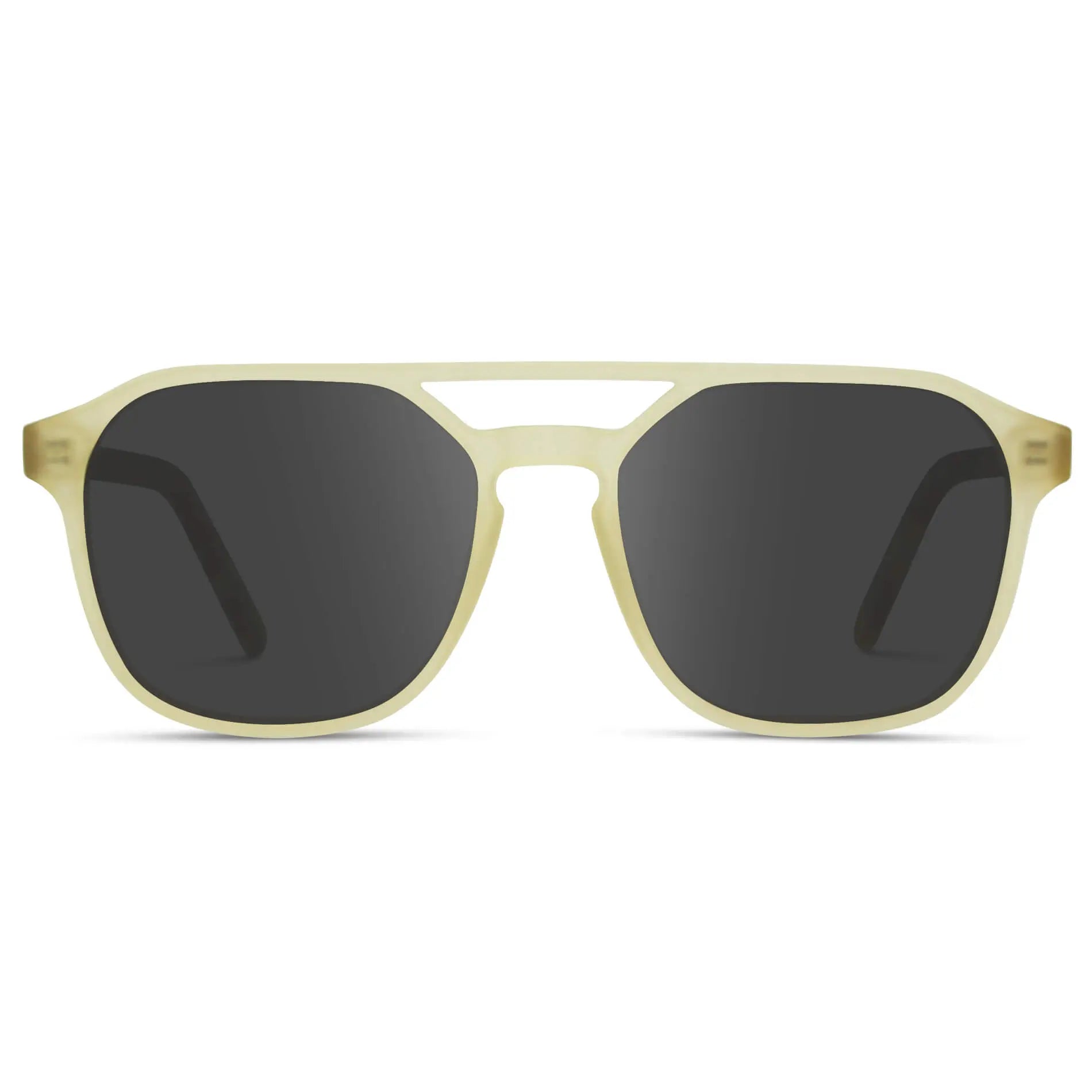 Tortoise Champagne / Grey || Double Bridge Geometric Square Prescription Sunglasses with Tortoise Champagne Yellow Acetate Frame and Grey Lenses on a white background