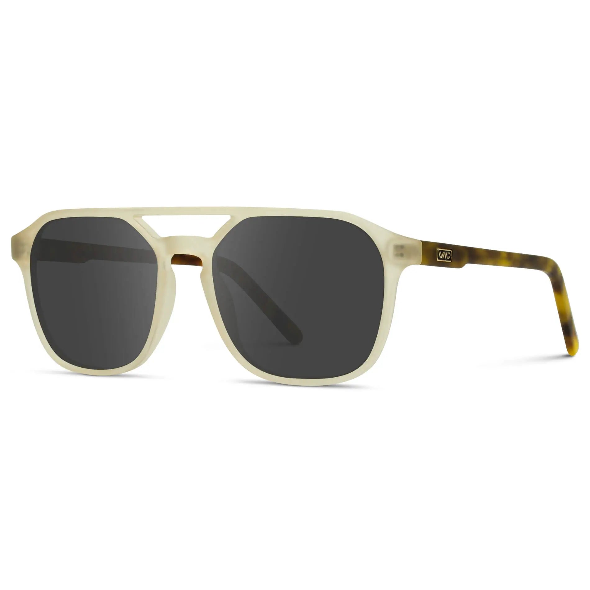Tortoise Champagne / Grey || Side view of Double Bridge Geometric Square Prescription Sunglasses with Tortoise Champagne Yellow Acetate Frame and Grey Lenses on a white background