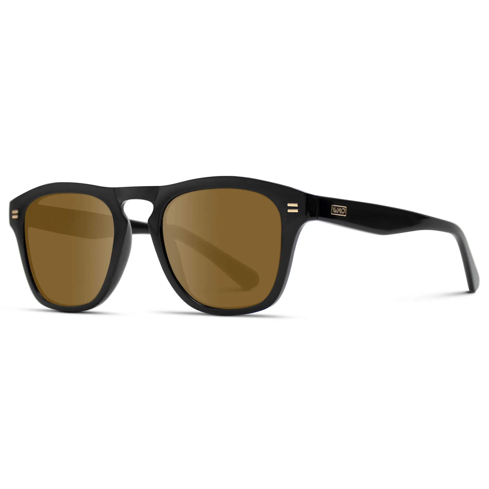 Black / Amber || Side view of Men's Square Prescription Sunglasses with Black Frame and Amber Lenses on a white background
