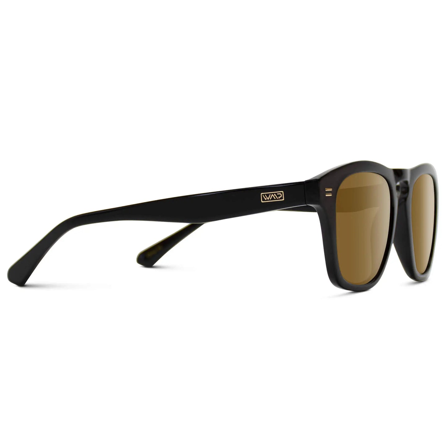 Black / Amber || Temple view of Men's Square Prescription Sunglasses with Black Frame and Amber Lenses on a white background