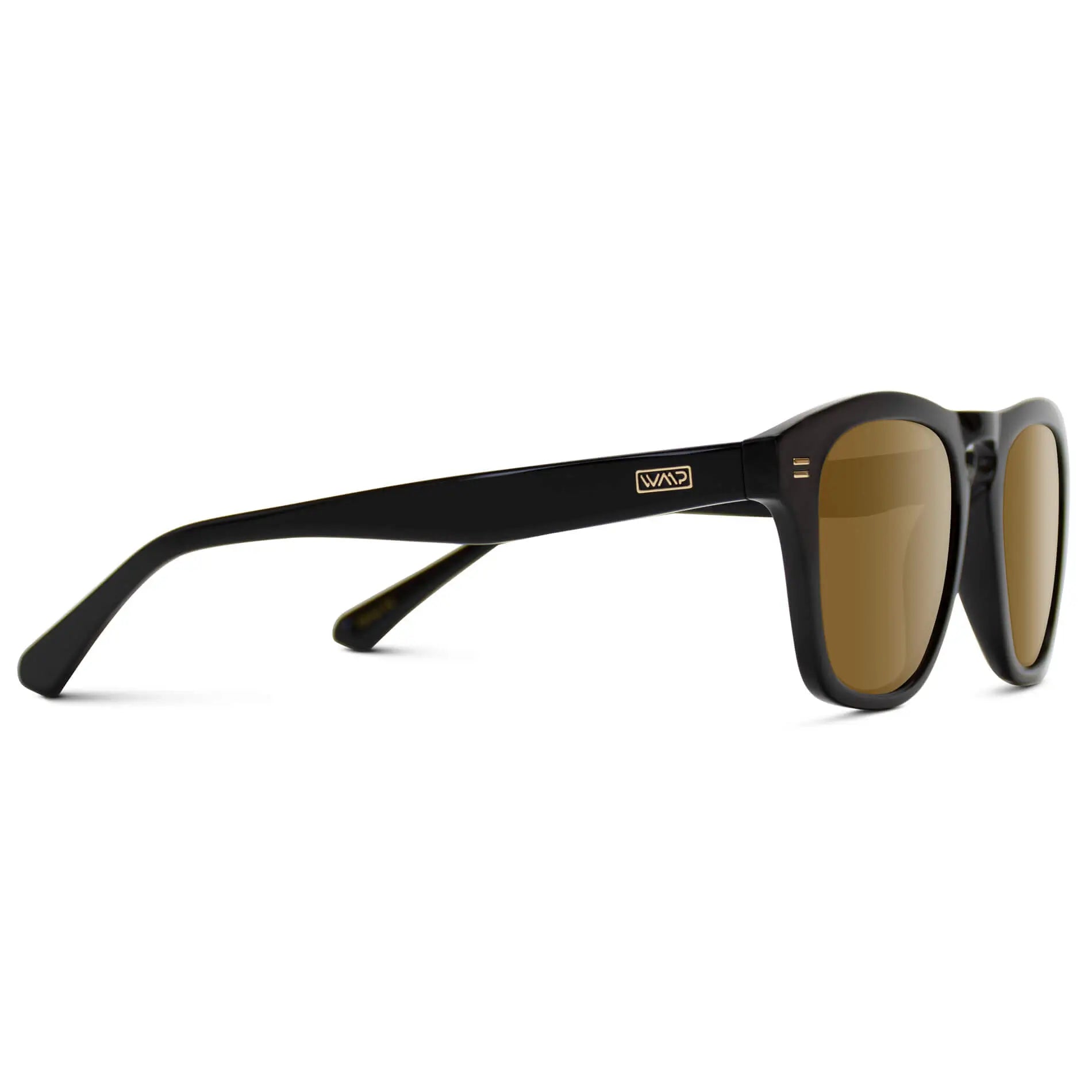 Black / Amber || Temple view of Men's Square Prescription Sunglasses with Black Frame and Amber Lenses on a white background