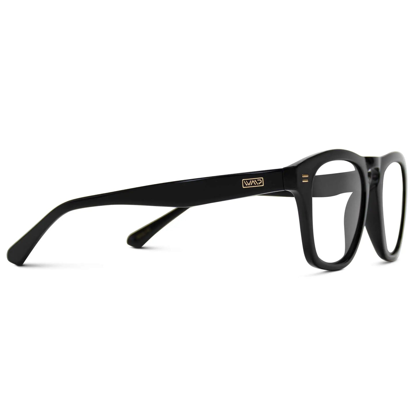 Black || Temple view of Men's Square Prescription Glasses with Black Frames and Clear Lenses on a white background