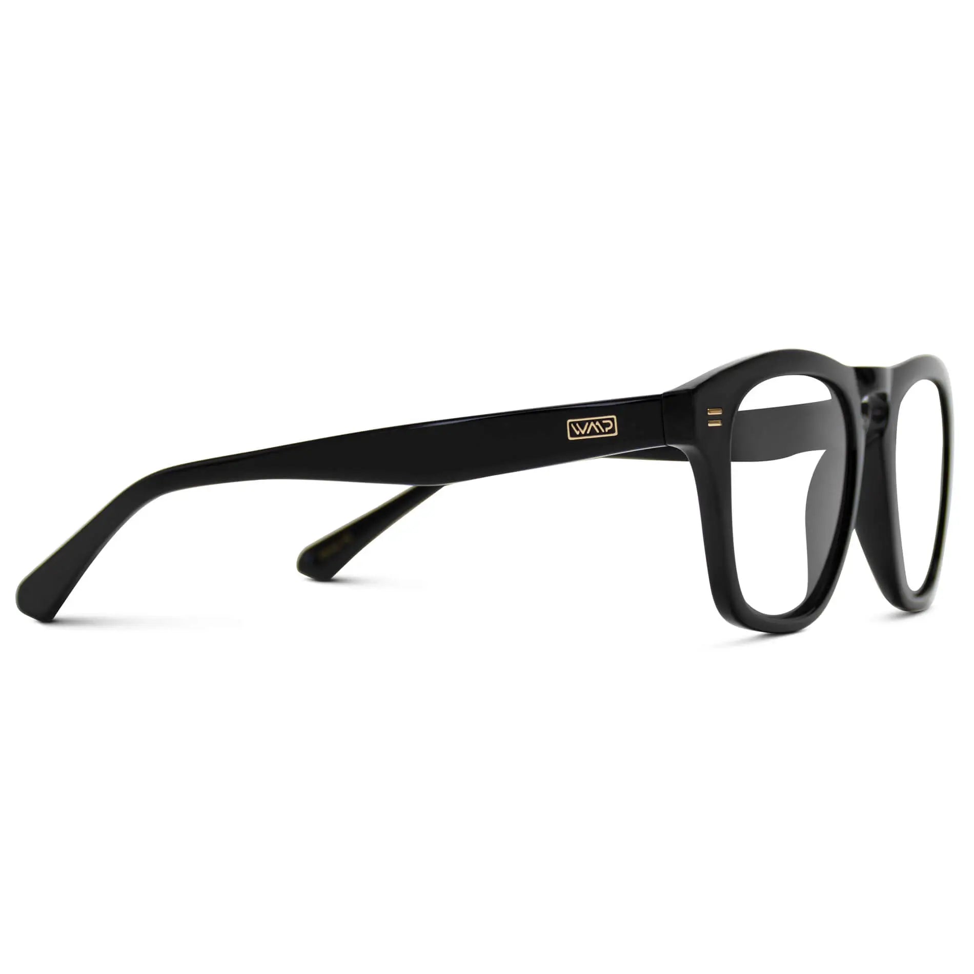 Black || Temple view of Men's Square Prescription Glasses with Black Frames and Clear Lenses on a white background