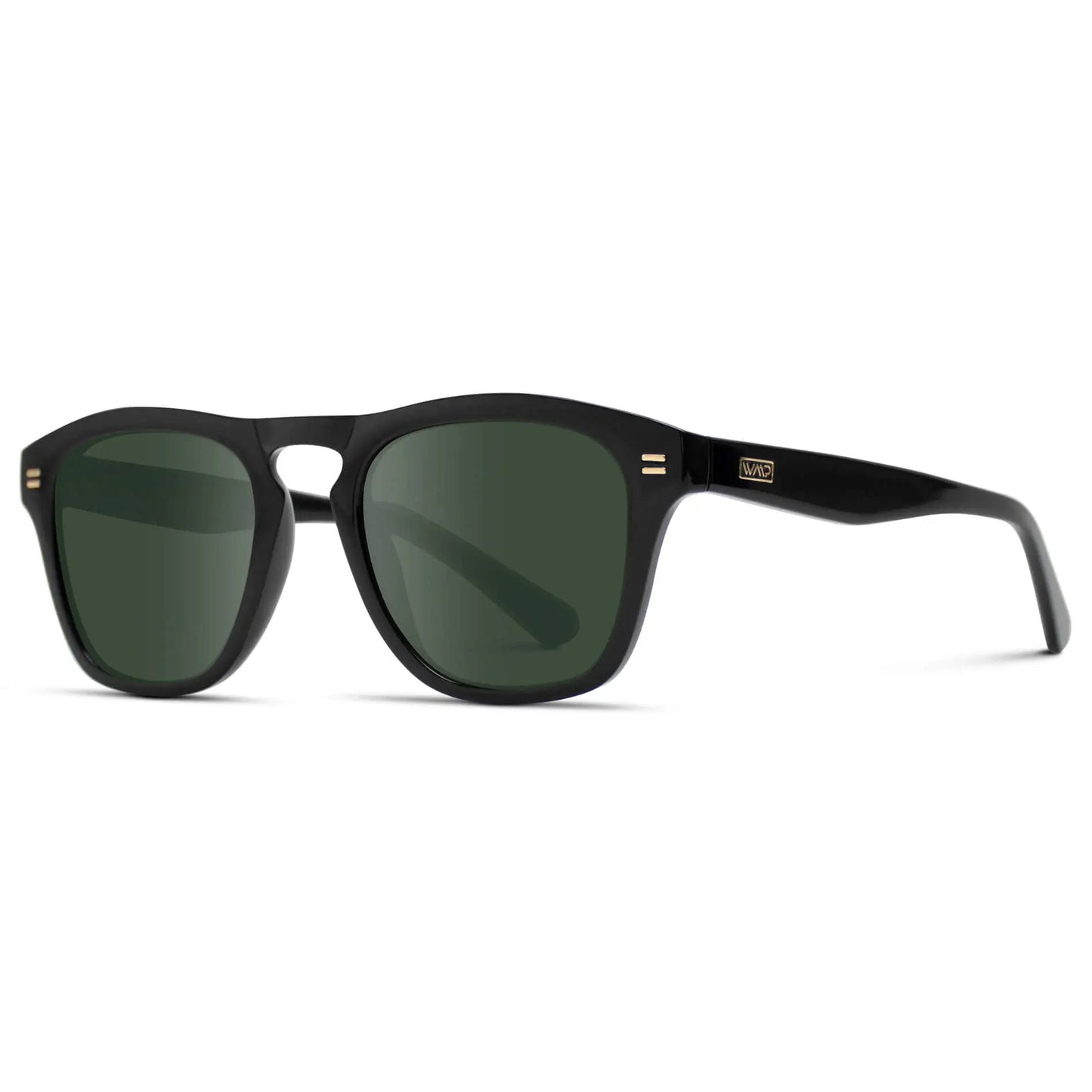 Black / G15 || Side view of Men's Square Prescription Sunglasses with Black Frame and Green Lenses on a white background