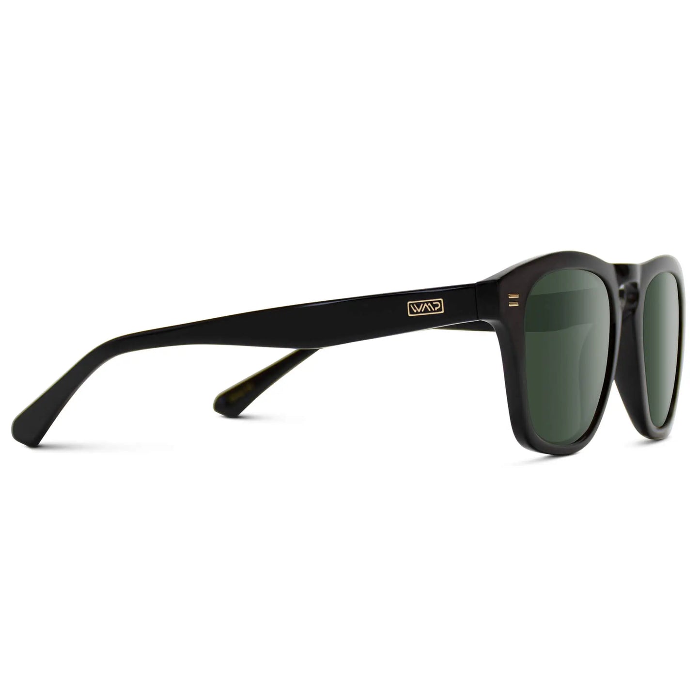 Black / G15 || Temple view of Men's Square Prescription Sunglasses with Black Frame and Green Lenses on a white background