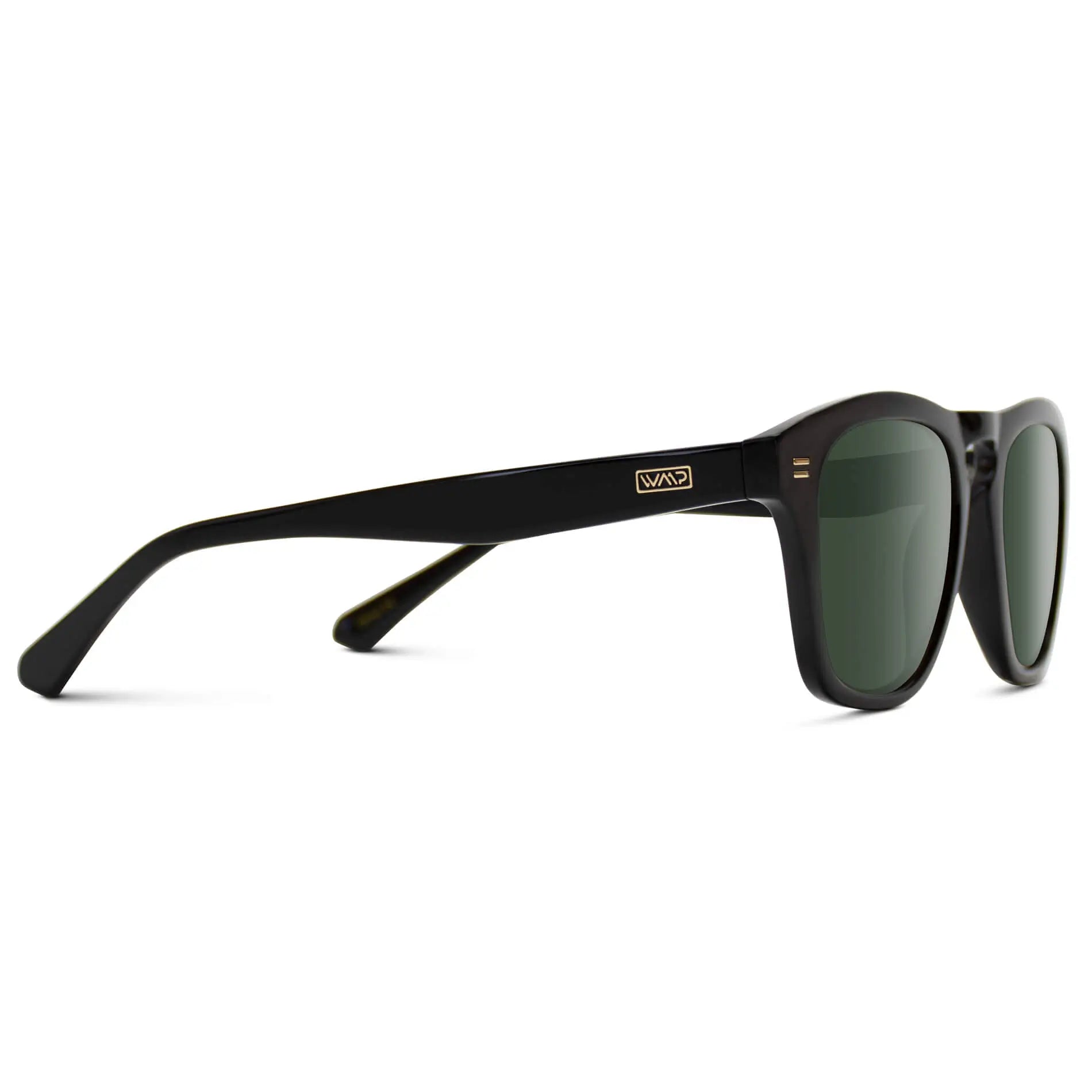 Black / G15 || Temple view of Men's Square Prescription Sunglasses with Black Frame and Green Lenses on a white background