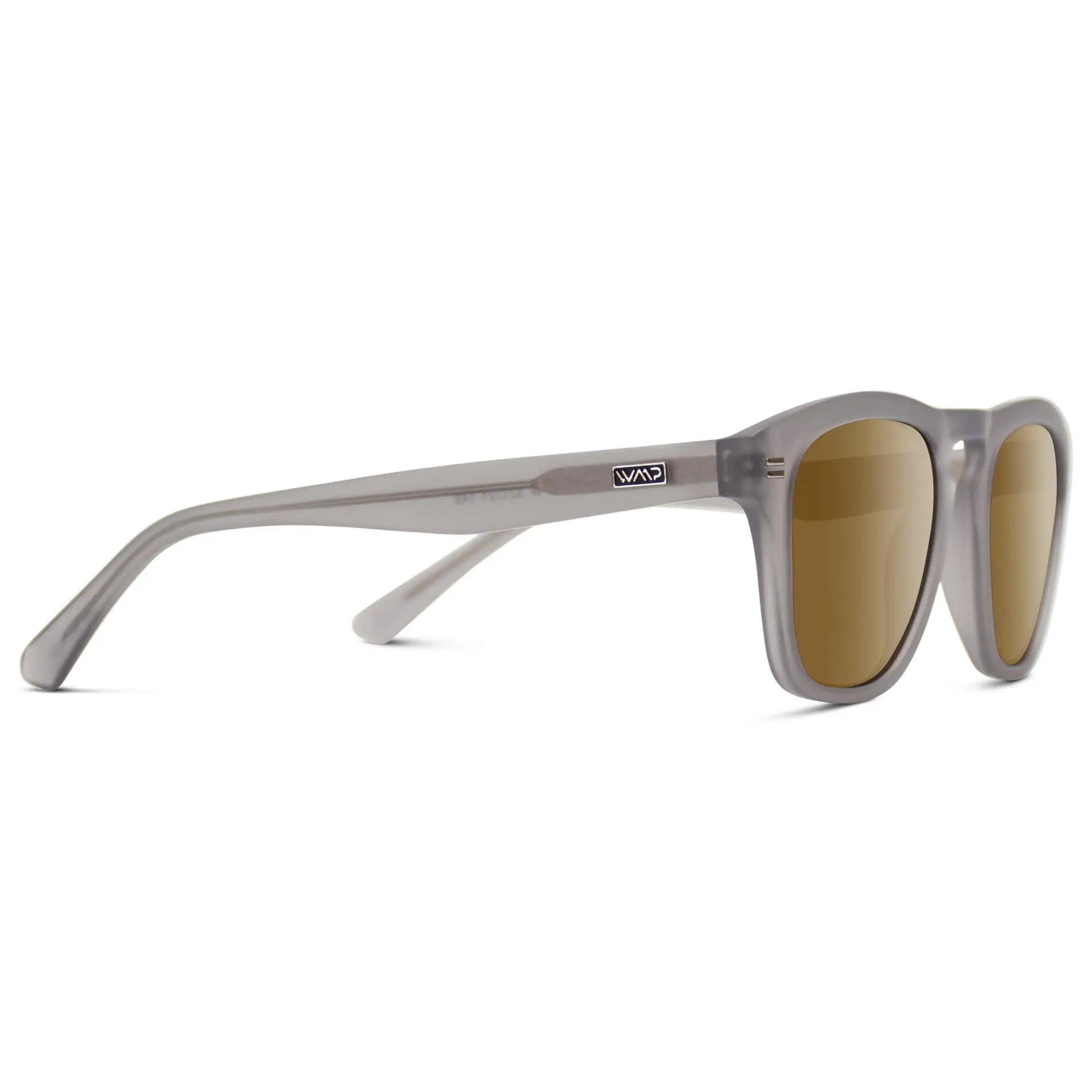 Moonrock Grey / Amber || Temple view of Men's Square Prescription Sunglasses with Moonrock Grey Frame and Amber Lenses on a white background