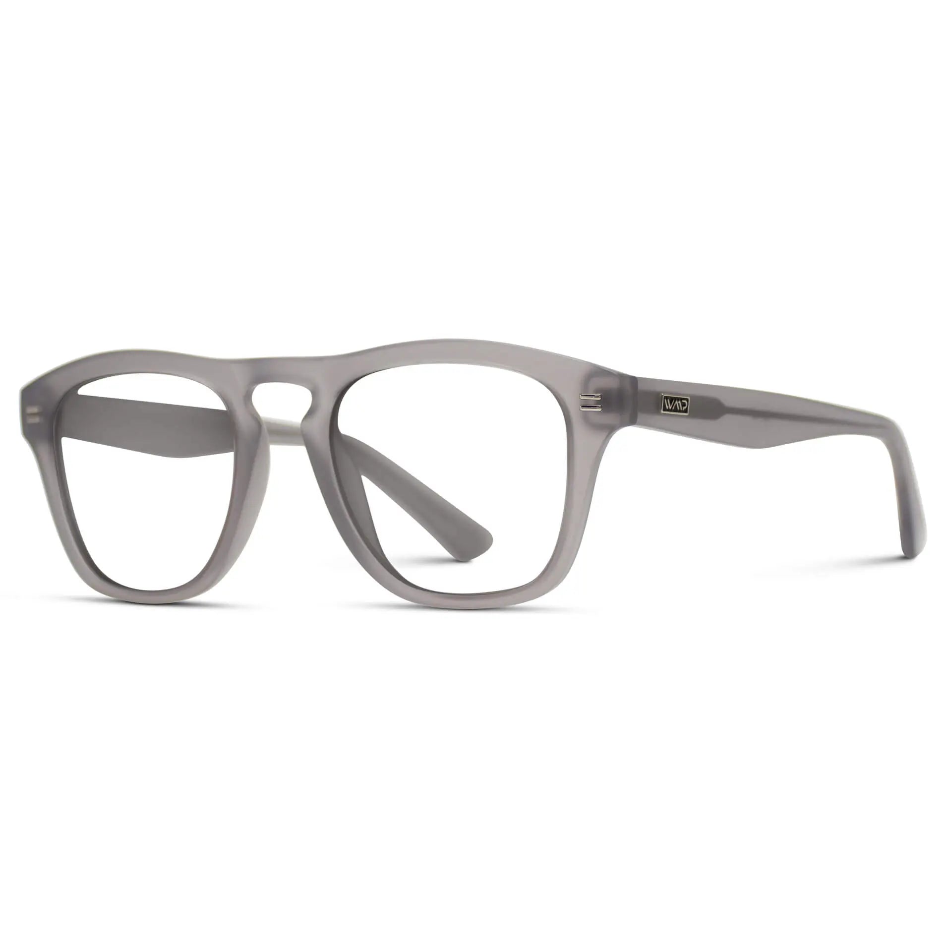Moonrock Grey || Side view of Men's Square Prescription Glasses with Moonrock Grey Frames and Clear Lenses on a white background