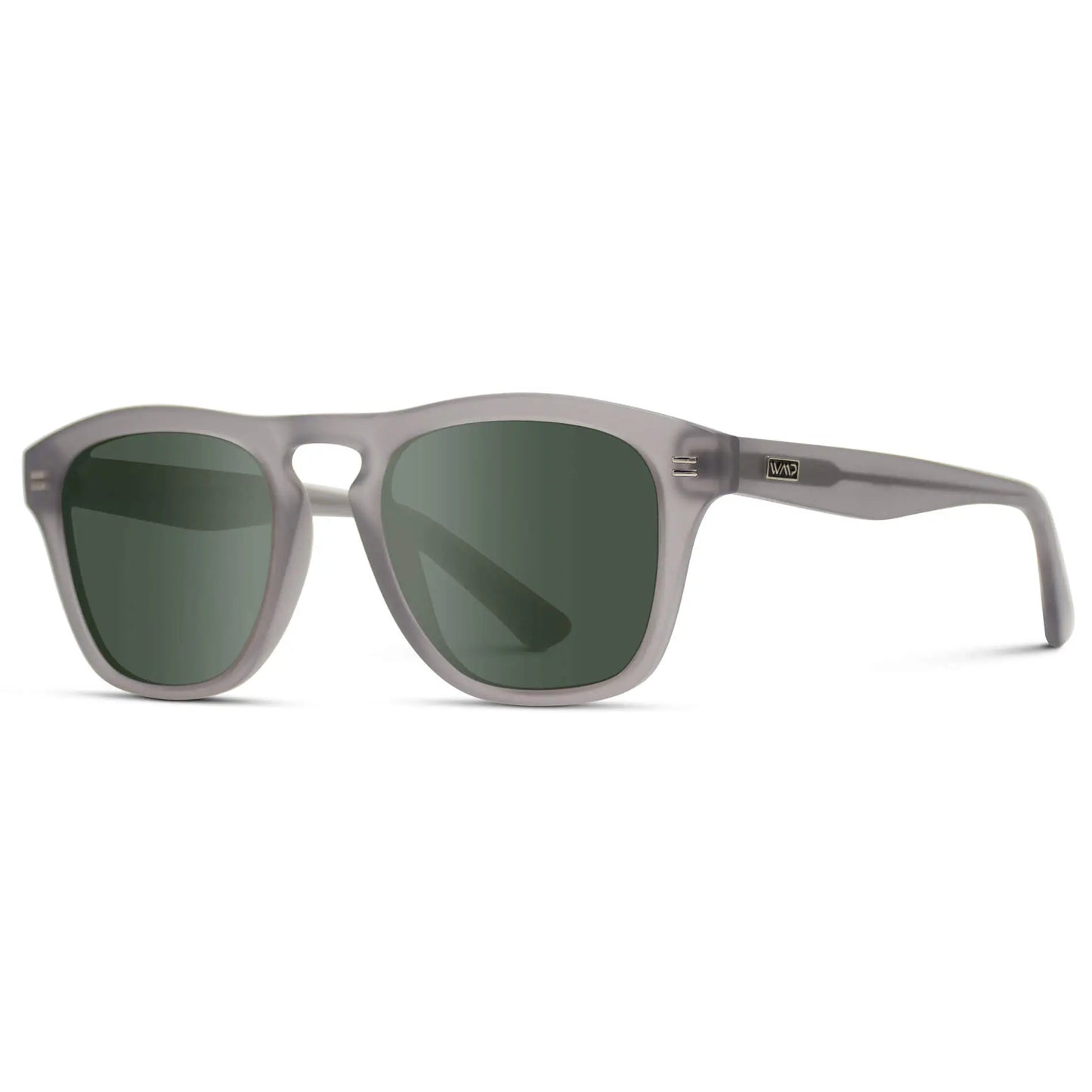 Moonrock Grey / G15 || Side view of Men's Square Prescription Sunglasses with Moonrock Grey Frame and Green Lenses on a white background