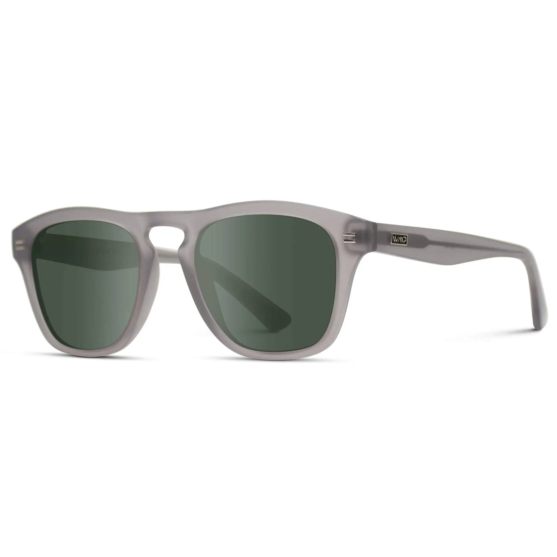 Moonrock Grey / G15 || Side view of Men's Square Prescription Sunglasses with Moonrock Grey Frame and Green Lenses on a white background