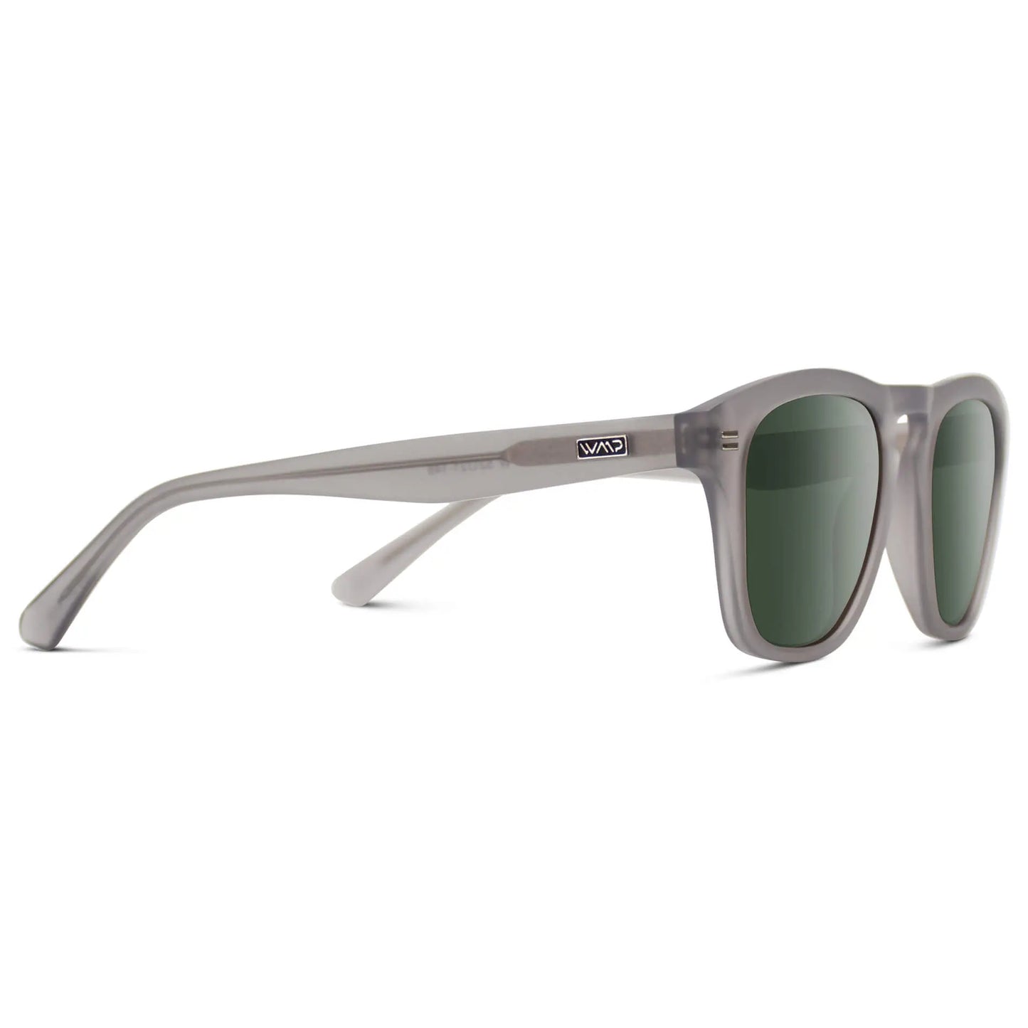Moonrock Grey / G15 || Temple view of Men's Square Prescription Sunglasses with Moonrock Grey Frame and Green Lenses on a white background