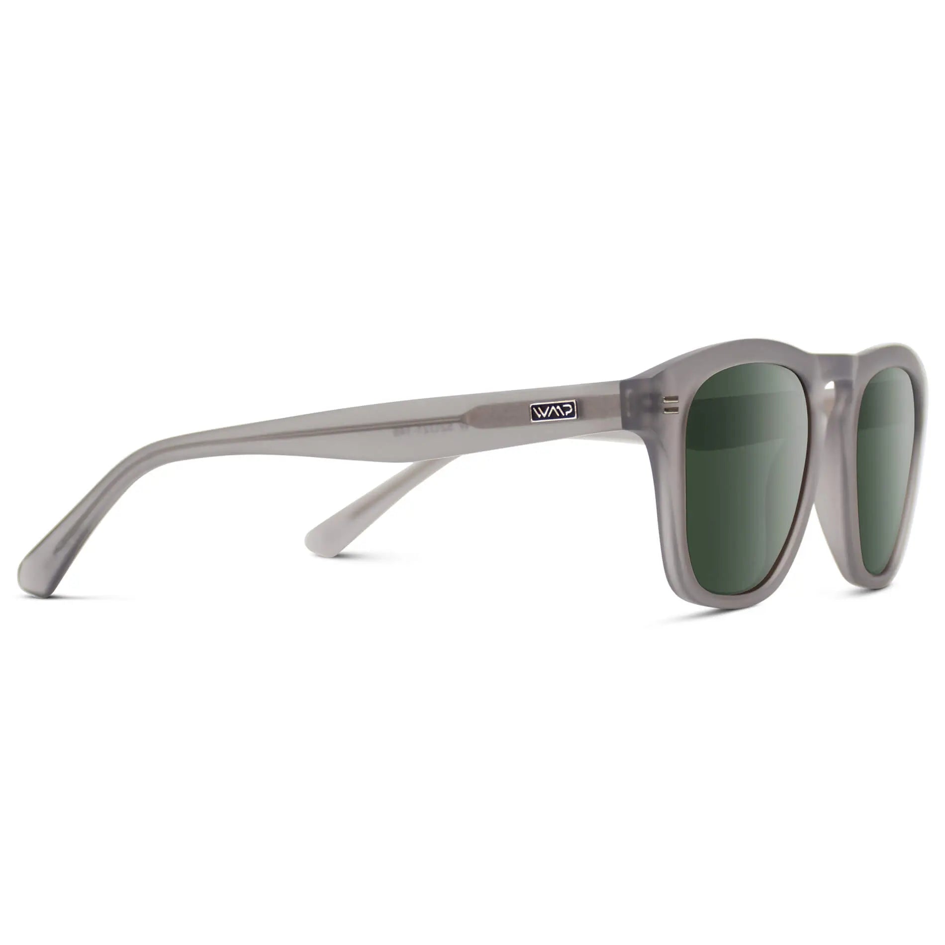 Moonrock Grey / G15 || Temple view of Men's Square Prescription Sunglasses with Moonrock Grey Frame and Green Lenses on a white background