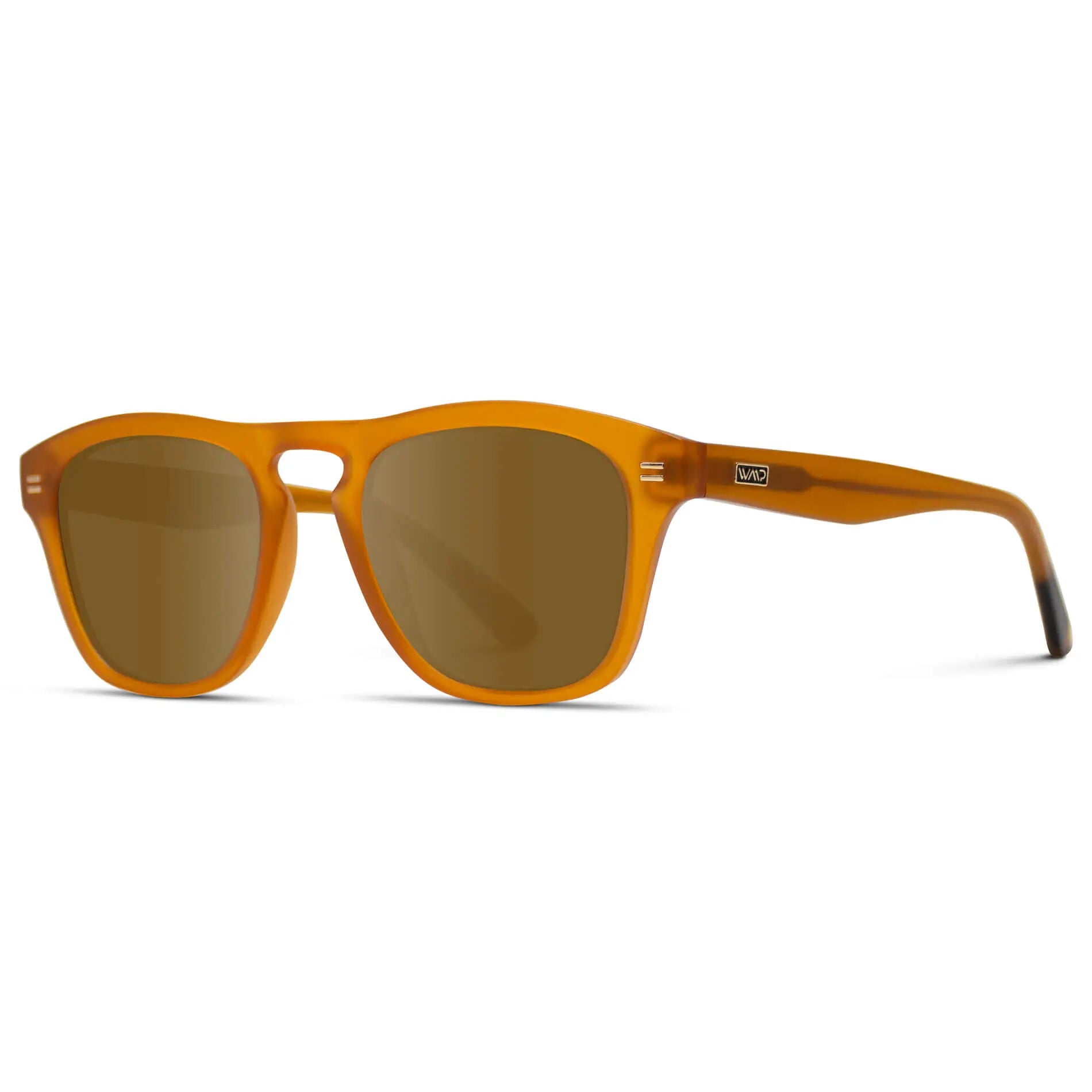 Sunset Orange / Amber || Side view of Men's Square Prescription Sunglasses with Sunset Orange Frame and Amber Lenses on a white background