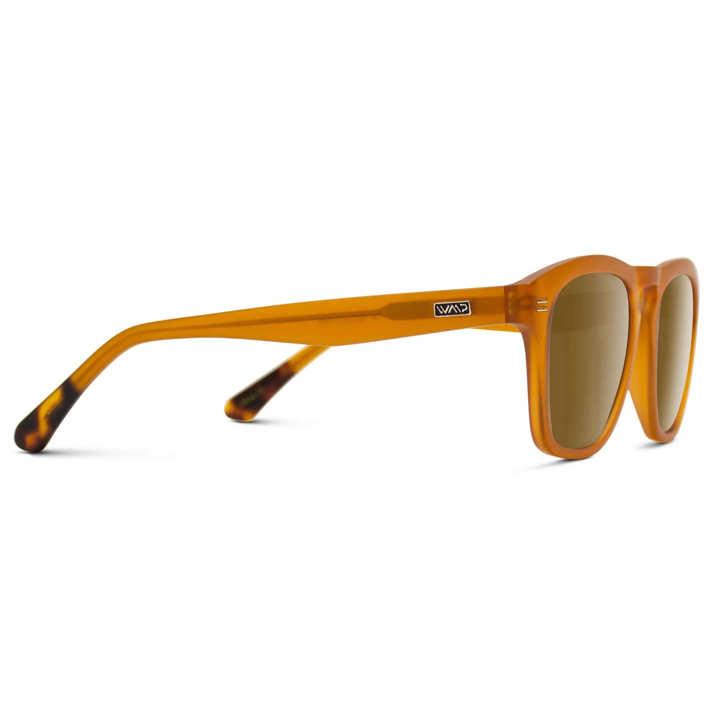 Sunset Orange / Amber || Temple view of Men's Square Prescription Sunglasses with Sunset Orange Frame and Amber Lenses on a white background