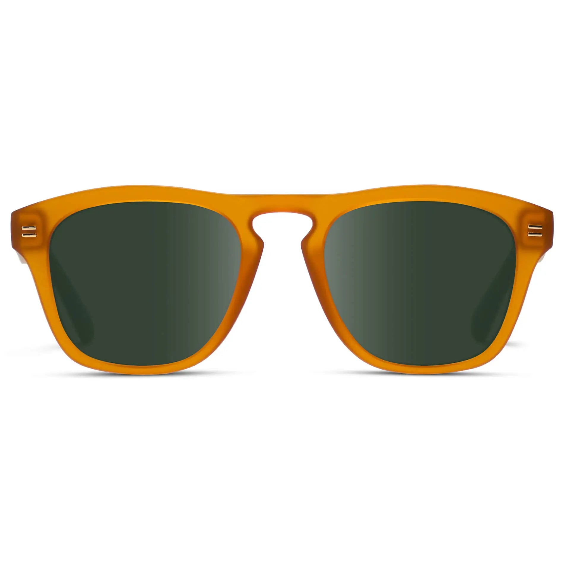 Sunset Orange / G15 || Men's Square Prescription Sunglasses with Sunset Orange Frame and Green Lenses on a white background
