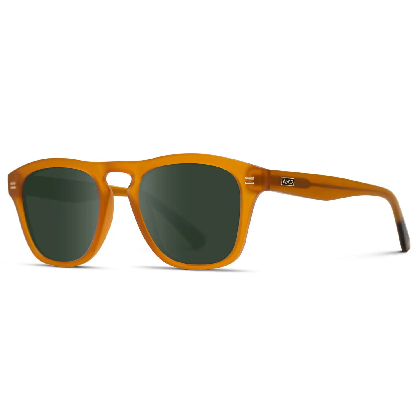 Sunset Orange / G15 || Side view of Men's Square Prescription Sunglasses with Sunset Orange Frame and Green Lenses on a white background