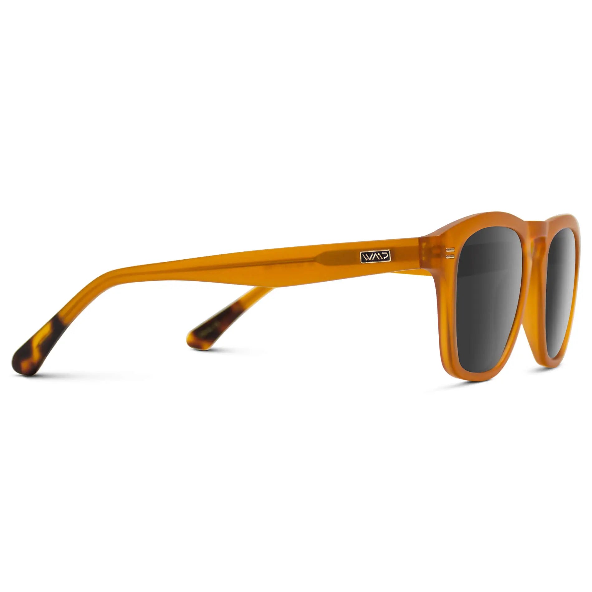 Sunset Orange / Grey || Temple view of Men's Square Prescription Sunglasses with Sunset Orange Frame and Grey Lenses on a white background