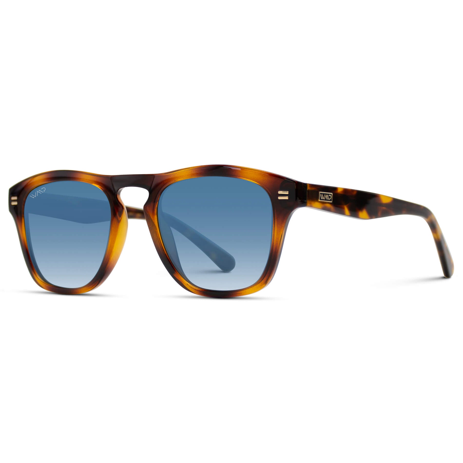 Whiskey Brown Tortoise / Blue Gradient Lens || Sleek thick square whiskey brown tortoise frame polarized sunglasses for men with a modern blue gradient lens