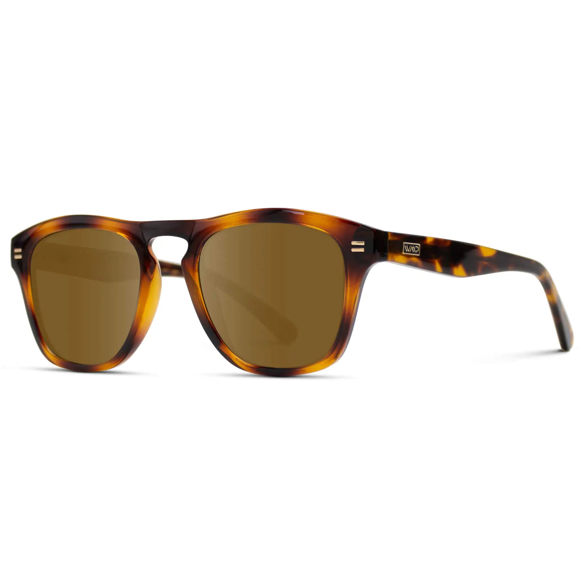 Whiskey Brown Tortoise / Amber || Side view of Men's Square Prescription Sunglasses with Whiskey Brown Tortoise Frame and Amber Lenses on a white background