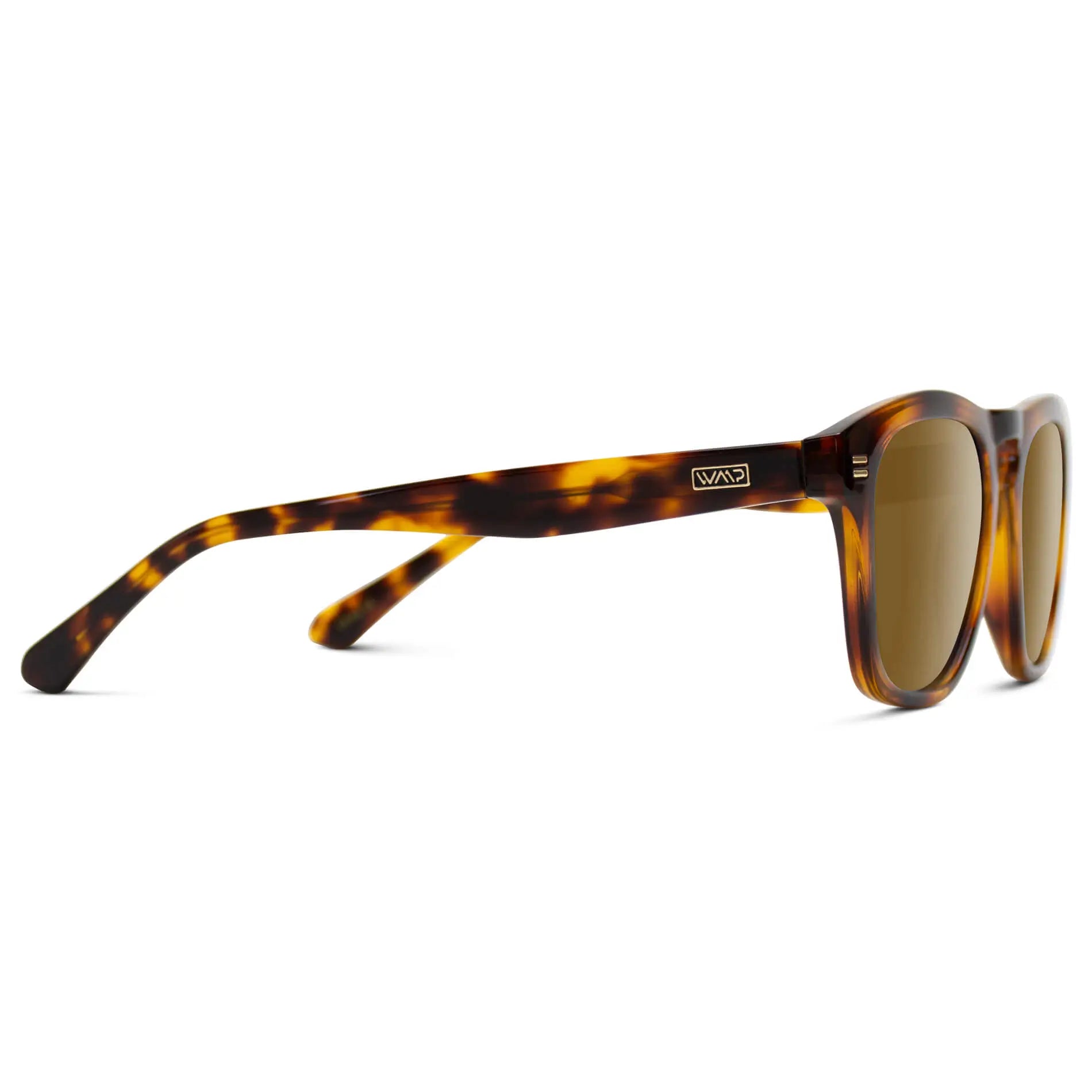 Whiskey Brown Tortoise / Amber || Temple view of Men's Square Prescription Sunglasses with Whiskey Brown Tortoise Frame and Amber Lenses on a white background