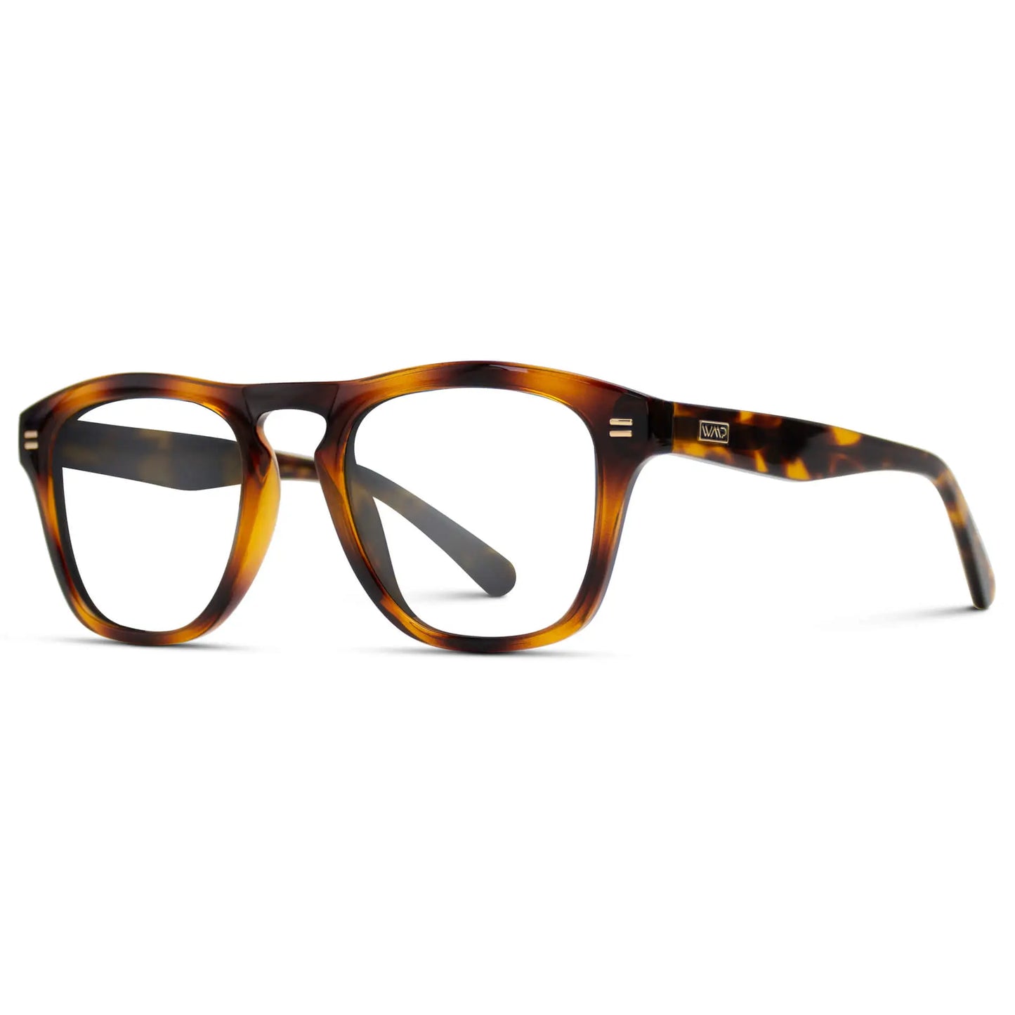Whiskey Brown Tortoise || Side view of Men's Square Prescription Glasses with Whiskey Brown Tortoise Frames and Clear Lenses on a white background