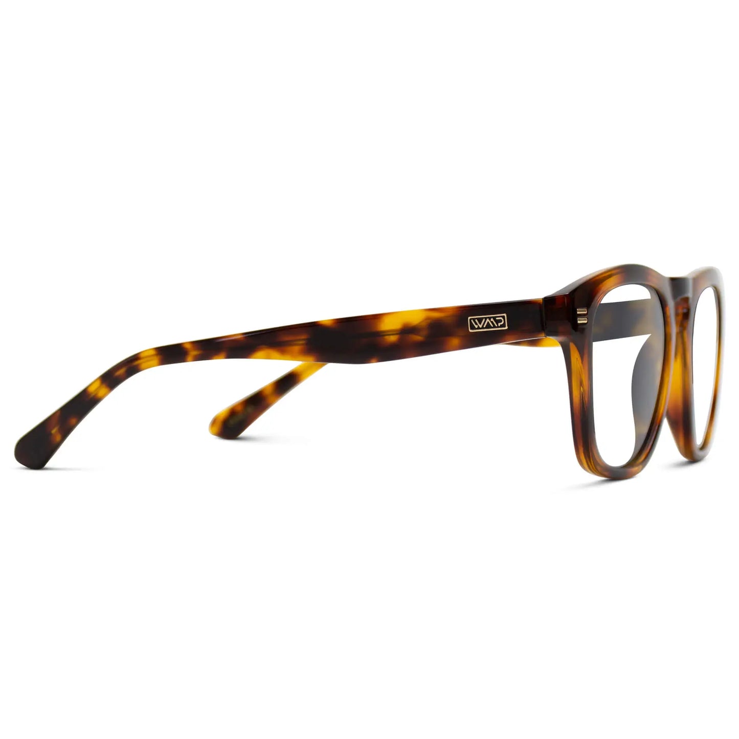 Whiskey Brown Tortoise || Temple view of Men's Square Prescription Glasses with Whiskey Brown Tortoise Frames and Clear Lenses on a white background