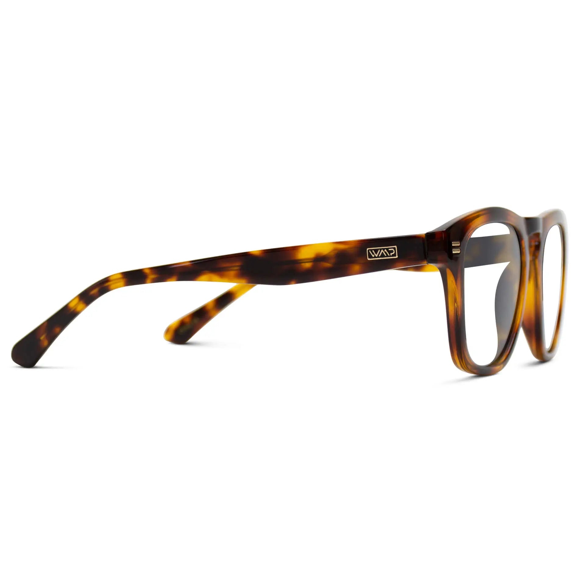Whiskey Brown Tortoise || Temple view of Men's Square Prescription Glasses with Whiskey Brown Tortoise Frames and Clear Lenses on a white background