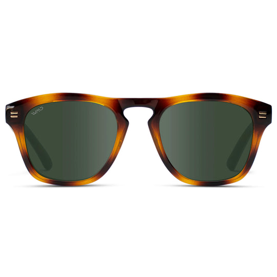 Whiskey Brown Tortoise / Smoke Green Lens || Men's square acetate polarized sunglasses with a sleek and thick design in whiskey brown tortoise frame and smoke green lenses