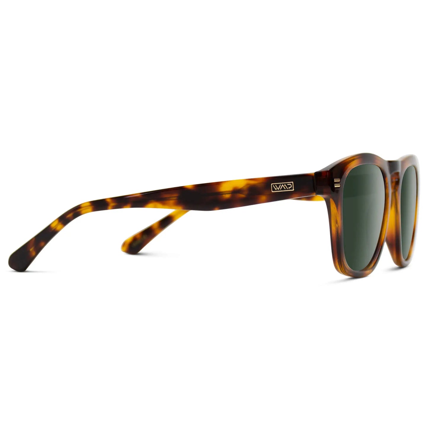 Whiskey Brown Tortoise / G15 || Temple view of Men's Square Prescription Sunglasses with Whiskey Brown Tortoise Frame and Green Lenses on a white background