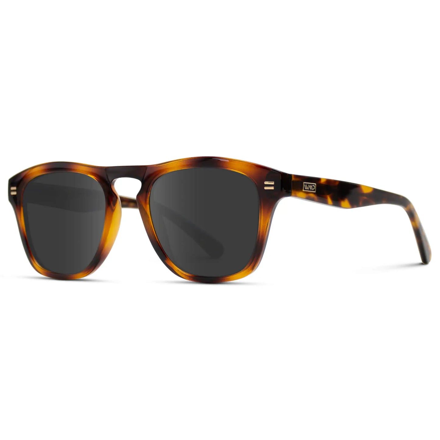 Whiskey Brown Tortoise / Grey || Side view of Men's Square Prescription Sunglasses with Whiskey Brown Tortoise Frame and Grey Lenses on a white background
