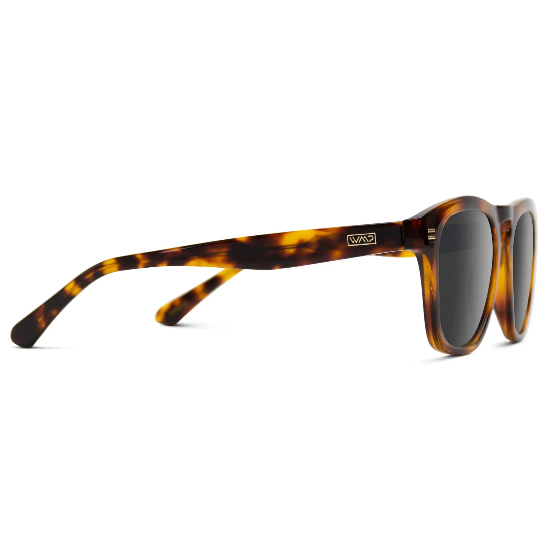 Whiskey Brown Tortoise / Grey || Temple view of Men's Square Prescription Sunglasses with Whiskey Brown Tortoise Frame and Grey Lenses on a white background