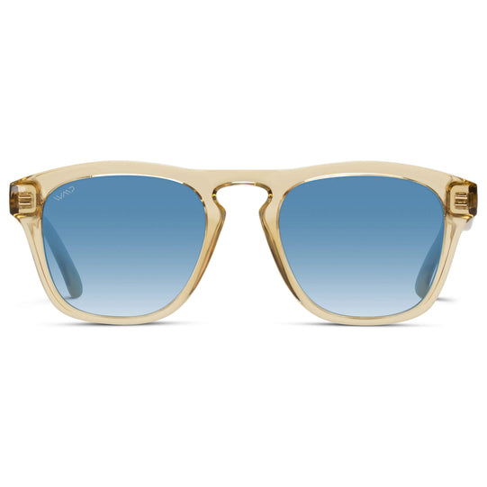 Champagne Crystal / Blue Gradient Lens || Men's acetate square stately polarized sunglasses with a sleek and thick design in champagne crystal frame and gradient blue lenses