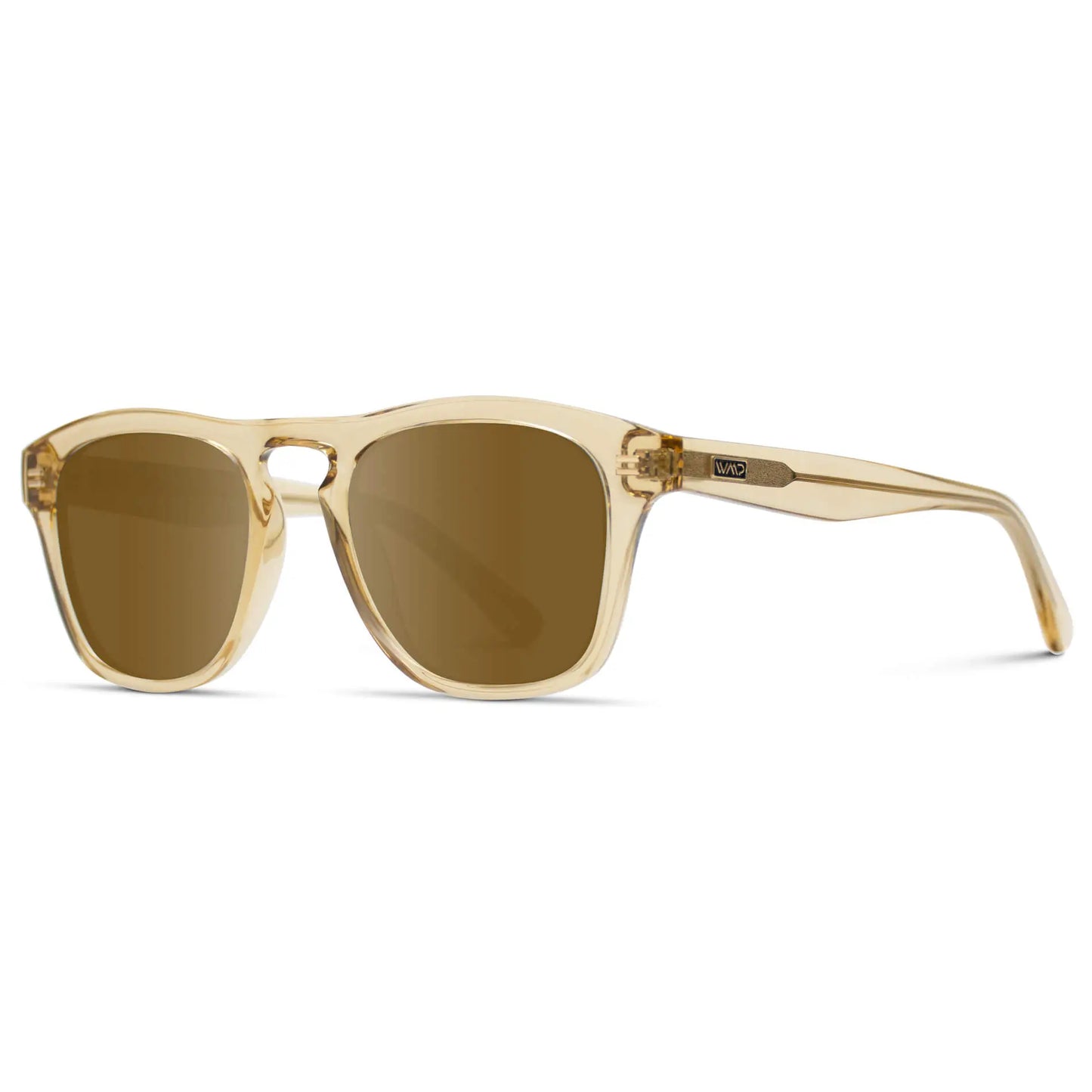 Champagne Crystal / Amber || Side view of Men's Square Prescription Sunglasses with Champagne Crystal Frame and Amber Lenses on a white background