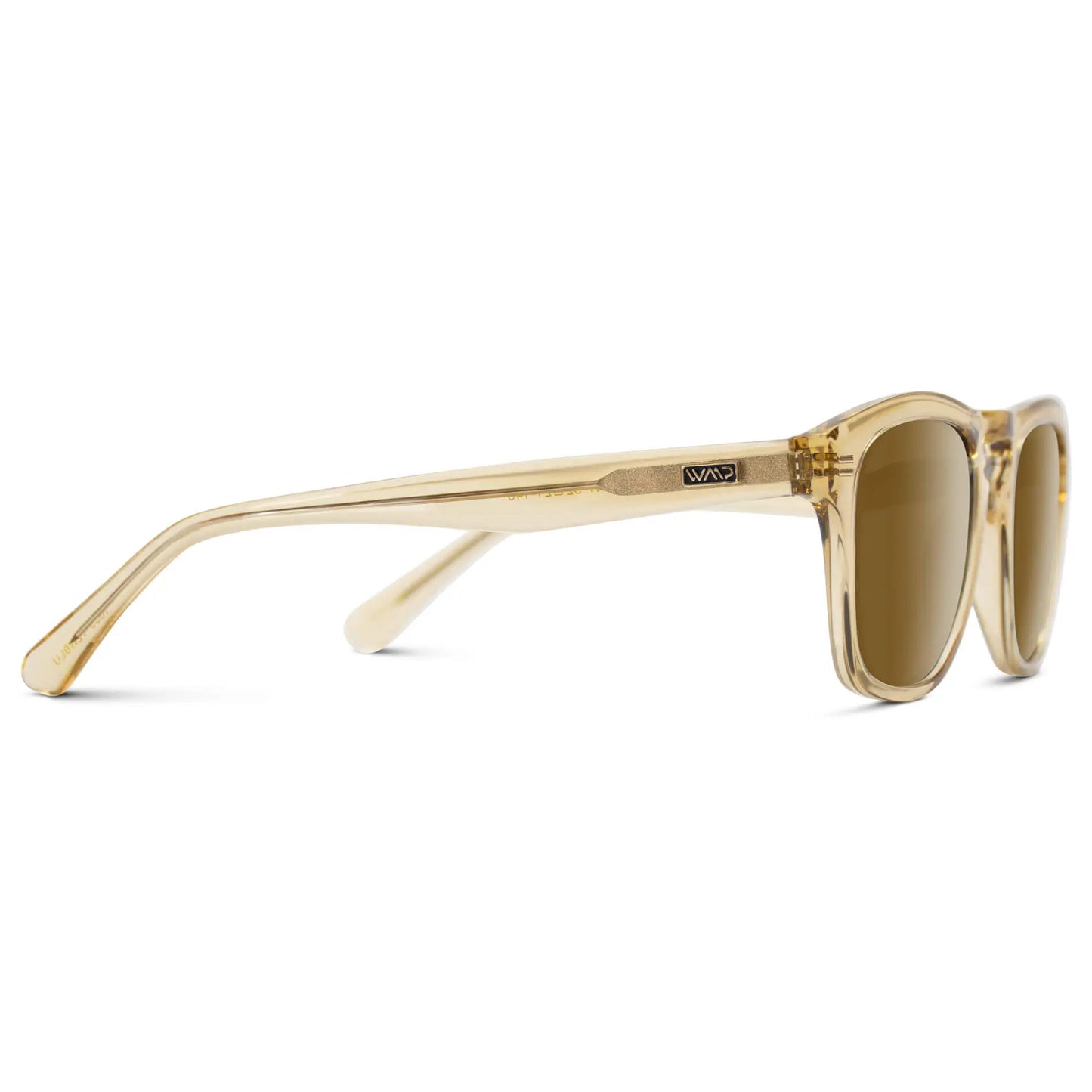 Champagne Crystal / Amber || Temple view of Men's Square Prescription Sunglasses with Champagne Crystal Frame and Amber Lenses on a white background