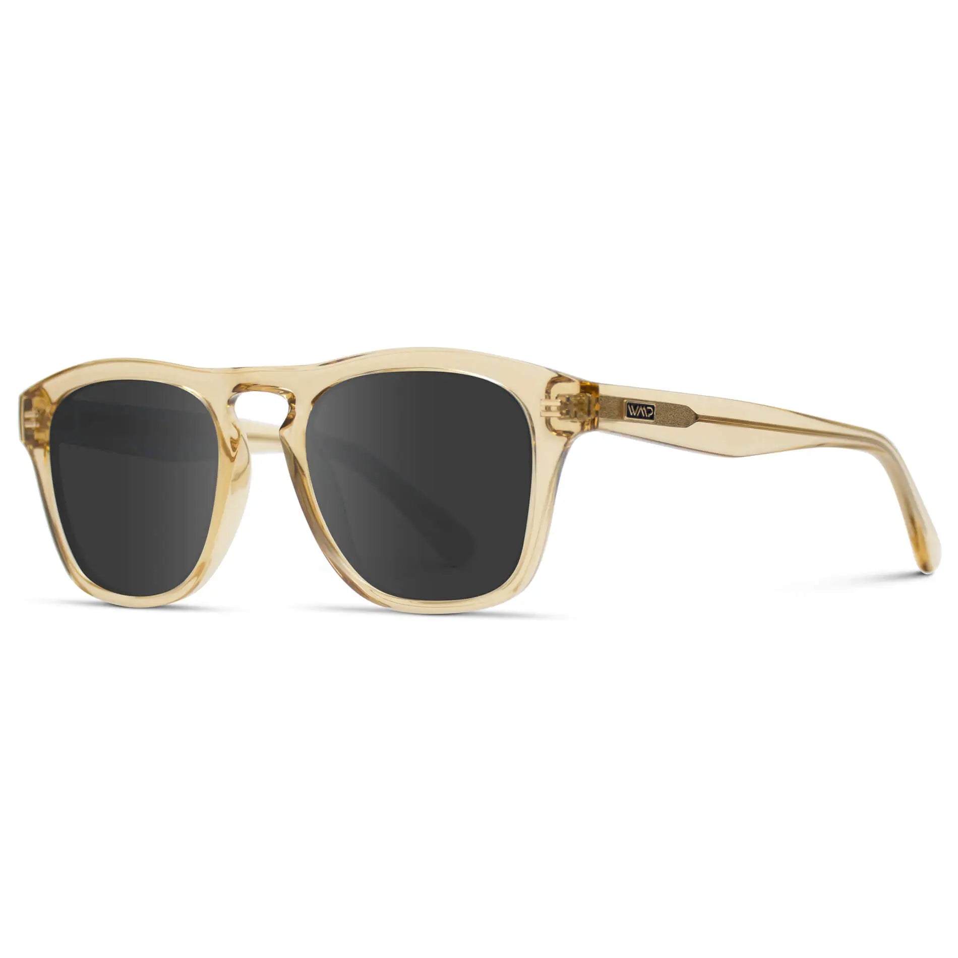 Champagne Crystal / Grey || Side view of Men's Square Prescription Sunglasses with Champagne Crystal Frame and Grey Lenses on a white background