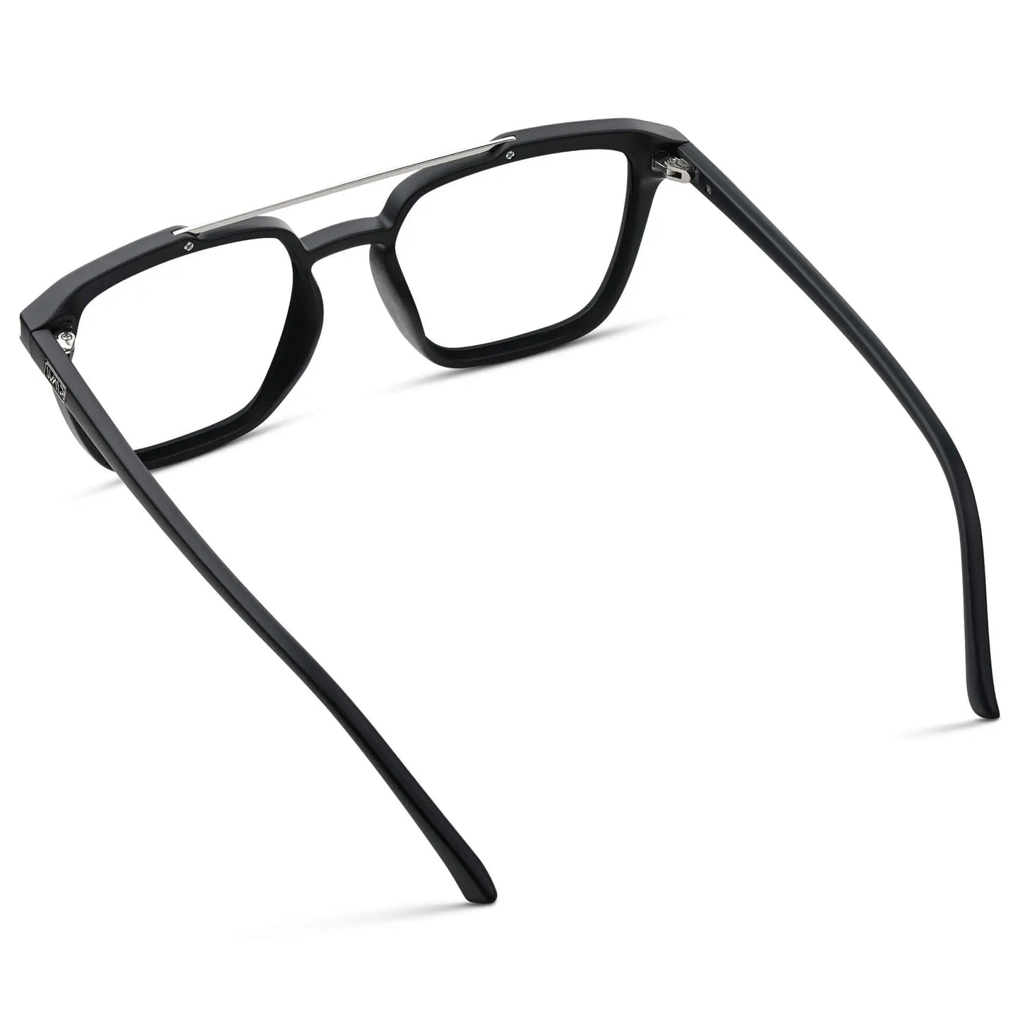 Matte Black || Back view of Men's Double Bridge Square Eyeglasses with Black Frame and Clear Prescription Lenses on a white background