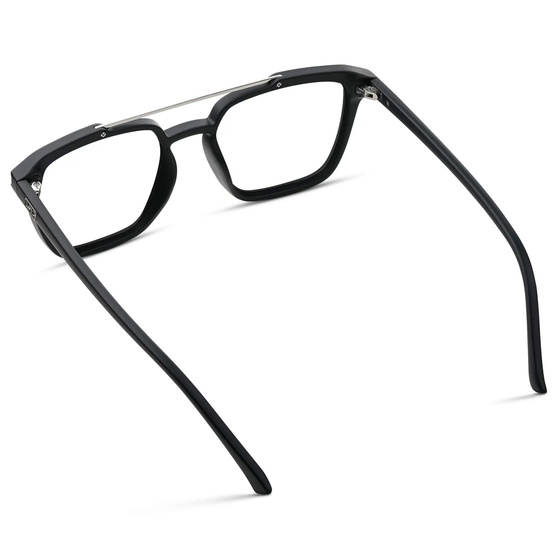 Matte Black || Back view of Men's Double Bridge Square Eyeglasses with Black Frame and Clear Prescription Lenses on a white background