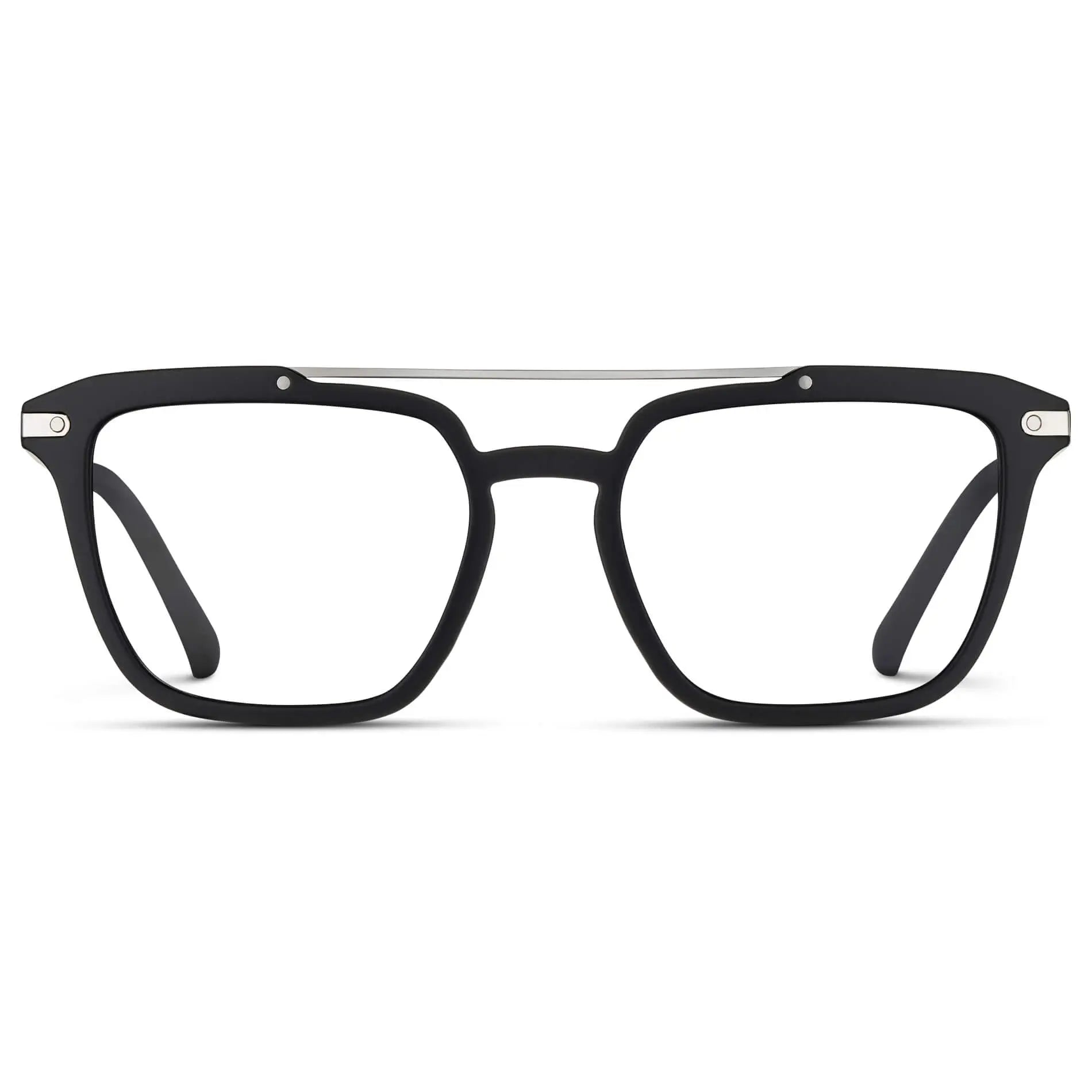 Matte Black || Men's Double Bridge Square Eyeglasses with Black Frame and Clear Prescription Lenses on a white background